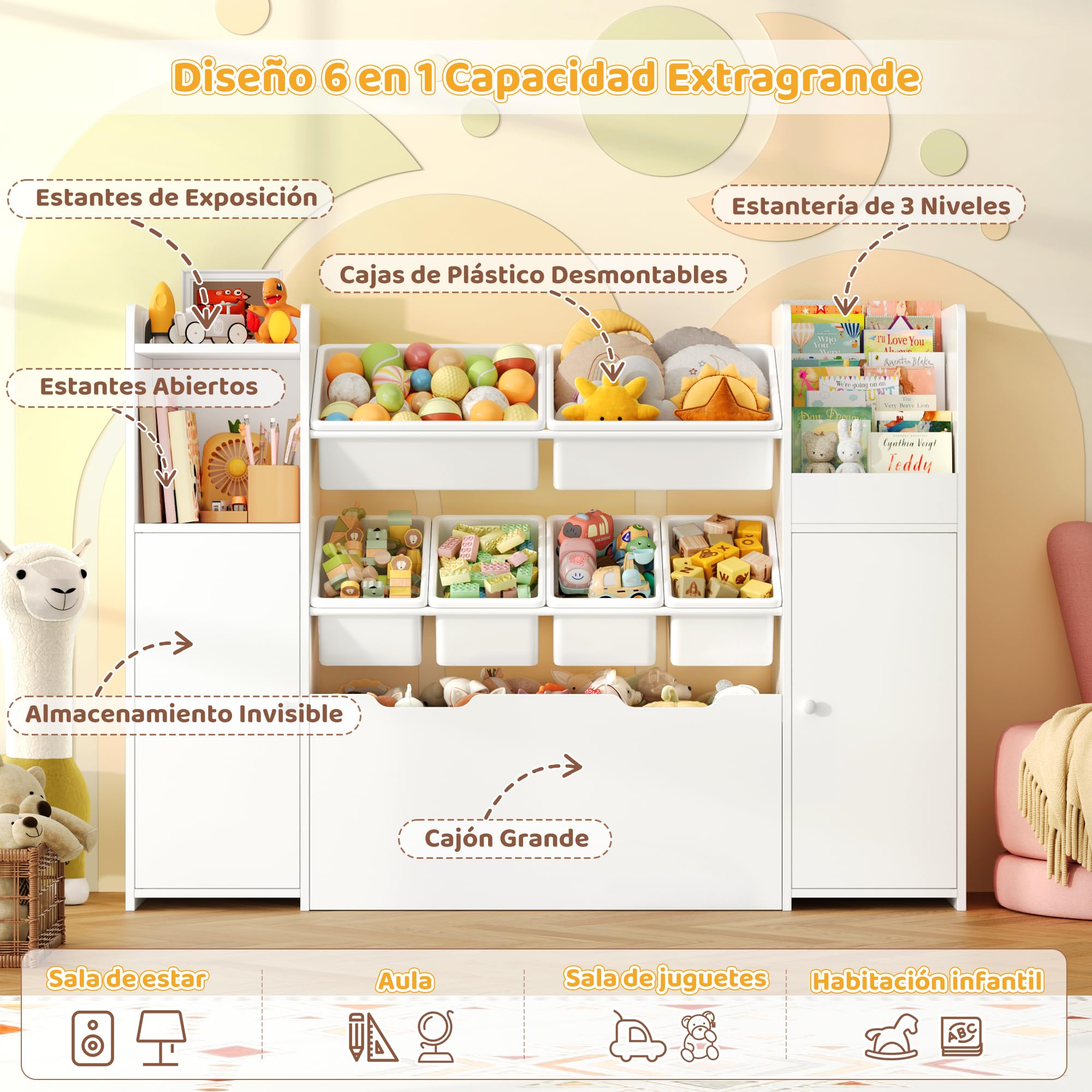 FOREHILL Organizador Juguetes, Estantería Infantil, 1 Cajón Grande, Blanco | 6 Cajas Extraíbles, 1 Cajón Grande, 2 Puertas, Estantería para Habitación Infantil Dormitorios Guardería, 138x30x94cm