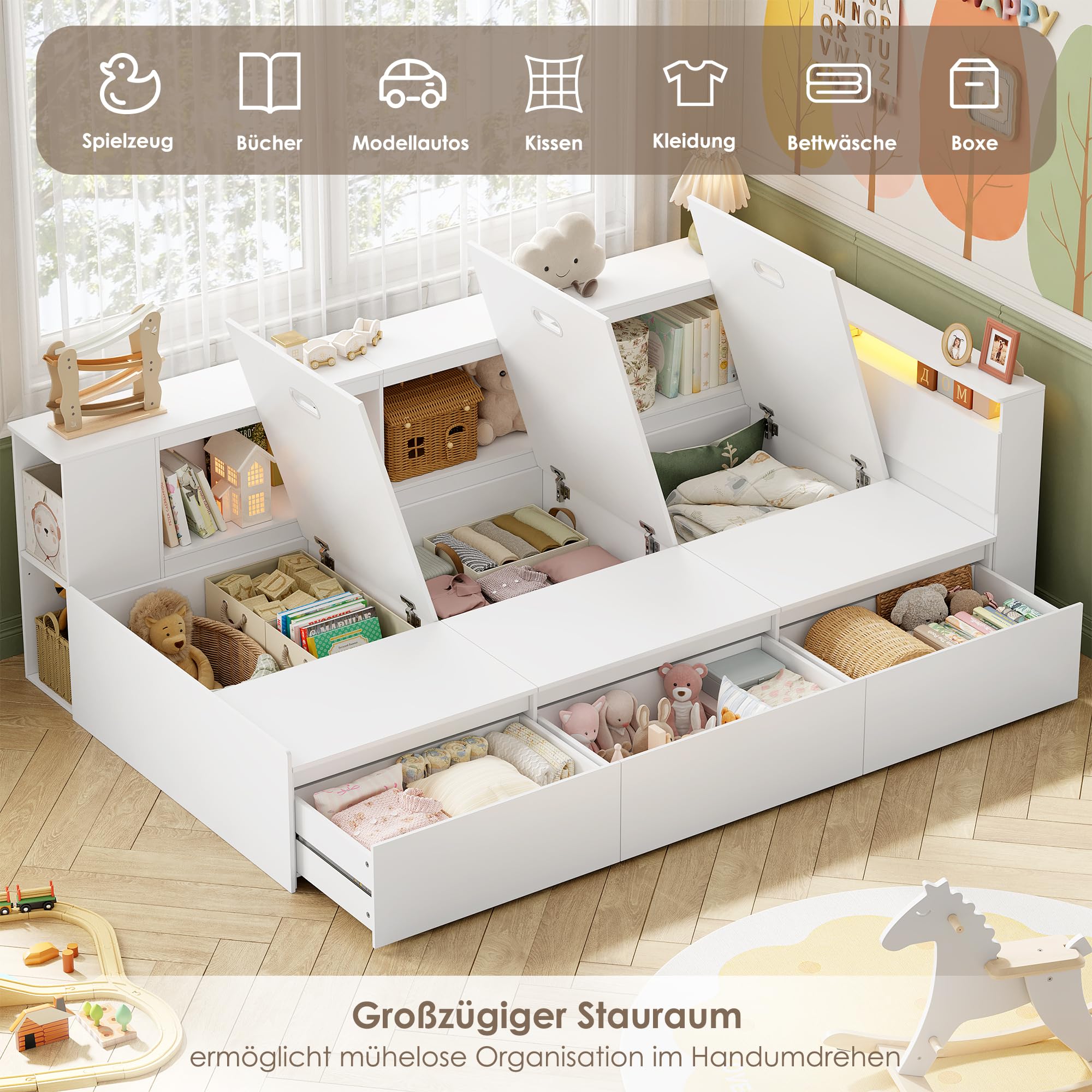 FOREHILL Kinderbett 90x200 cm Jugendbett mit LED-Beleuchtung, Einzelbett mit 3 Schubladen und Bücherregal, Tagesbett Stauraumbett Holzbett Schrankbett (Ohne Matratze) Weiß