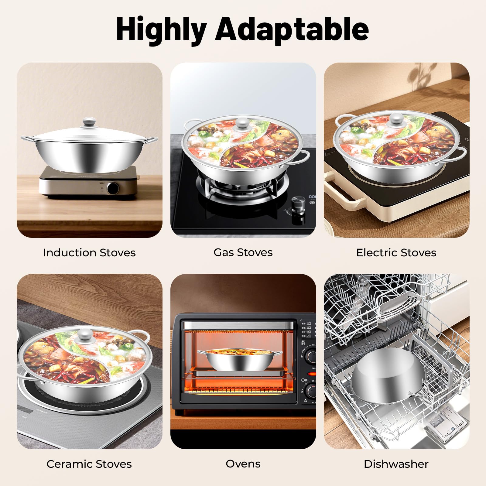 Hot Pot in acciaio inox con divisore, Hotpot padella divisa con divisorio e coperchio in vetro, pentola Dual Hotpot fornello Shabu Shabu, doppio brodo per fornello a gas a induzione (34 cm)