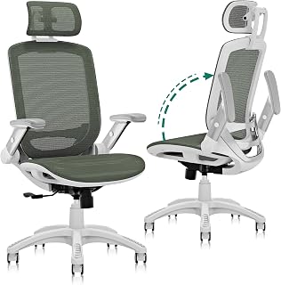 GABRYLLY Ergonomic Office Chair, High Back Home Desk Chair with Headrest, Flip-Up Arms, 90-120° Tilt Lock and Wide Cushion, 300LBS Mesh Chairs for Man Woman, White Task Chair(Olive Green,GY01WOG)
