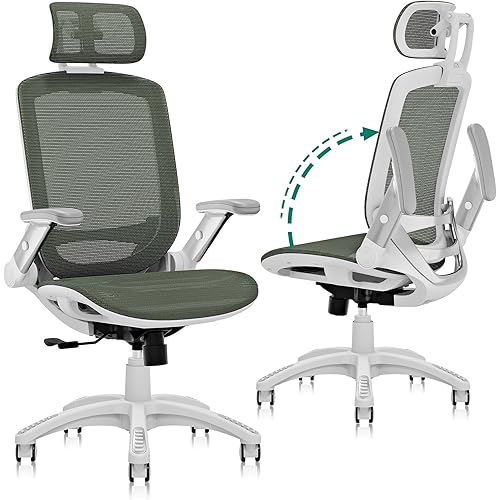GABRYLLY Ergonomic Office Chair, High Back Home Desk Chair with Headrest, Flip-Up Arms, 90-120° Tilt Lock and Wide Cushion, 300LBS Mesh Chairs for Man Woman, White Task Chair(Olive Green,GY01WOG)