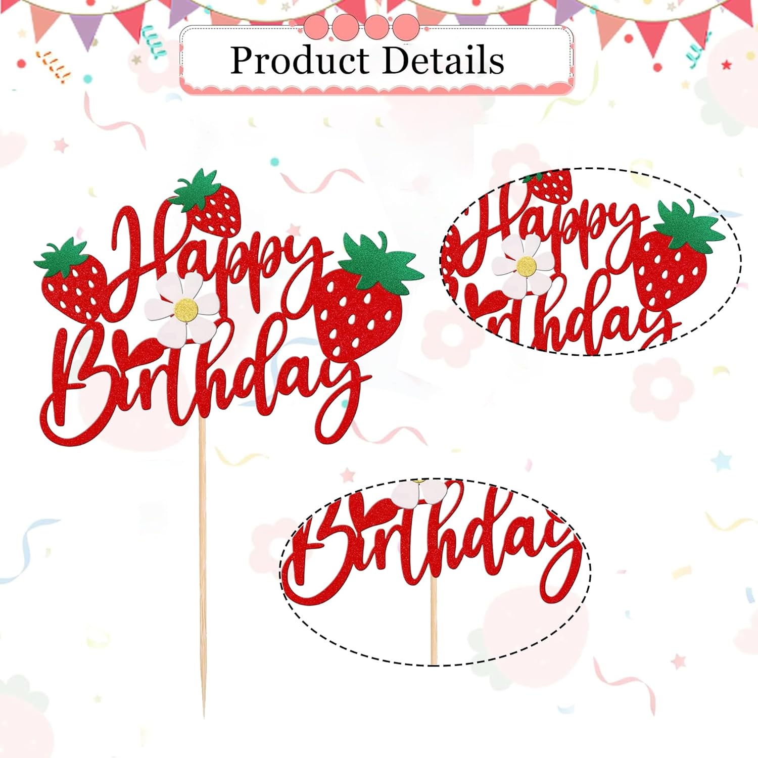 1 Piece Strawberry Happy Birthday Cake Topper, Glitter Strawberry Cake Decoration Suitable for Fruit Theme Birthday Party Strawberry Birthday Cake Decoration Party Supplies