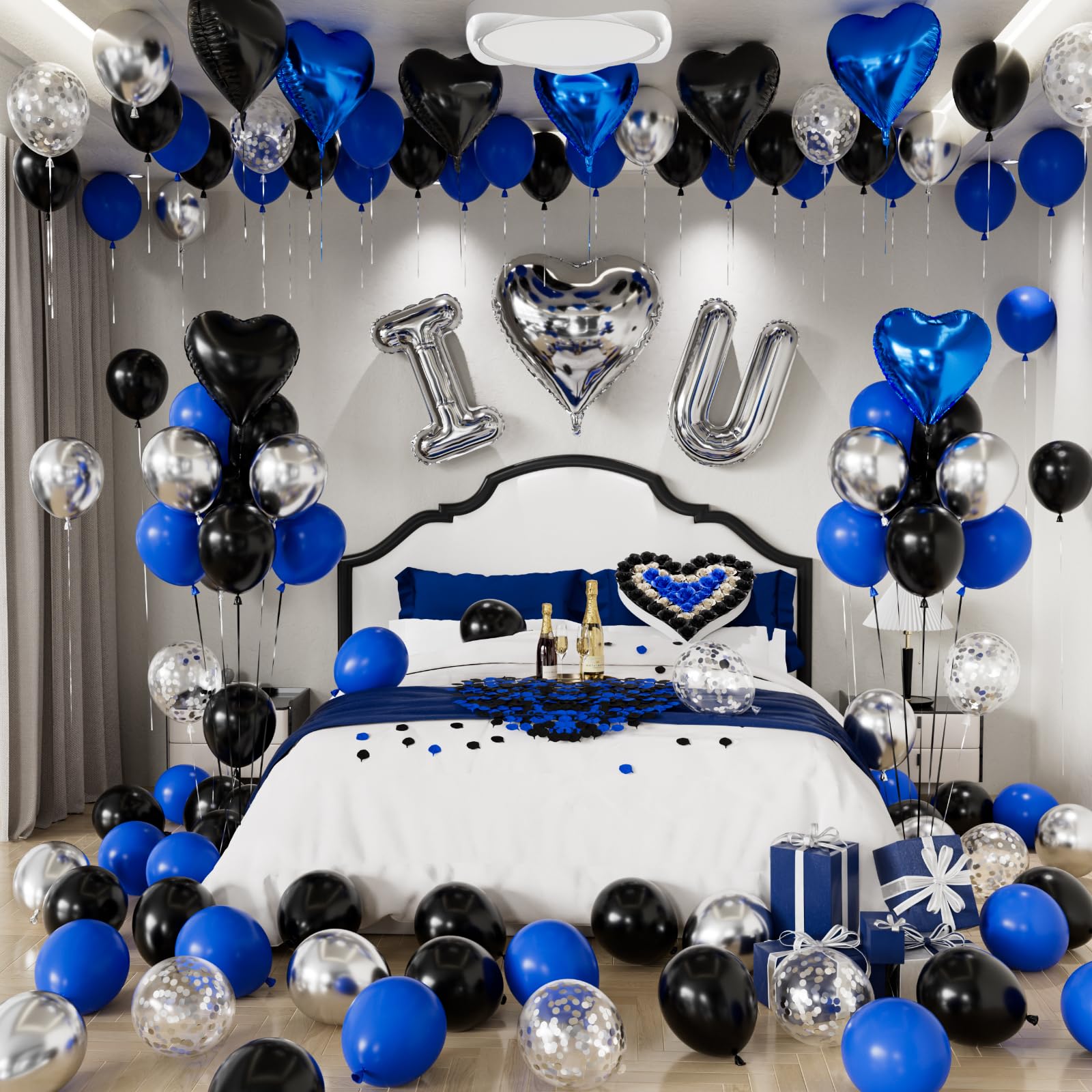 Adeyoo Blue and Black Proposal Decorations Kit - I Love You Balloons with Blue Black Silver Latex Confetti Balloons Heart Foil Balloons, 600Pcs Rose Petals Romantic Decoration Kit for Him/Her