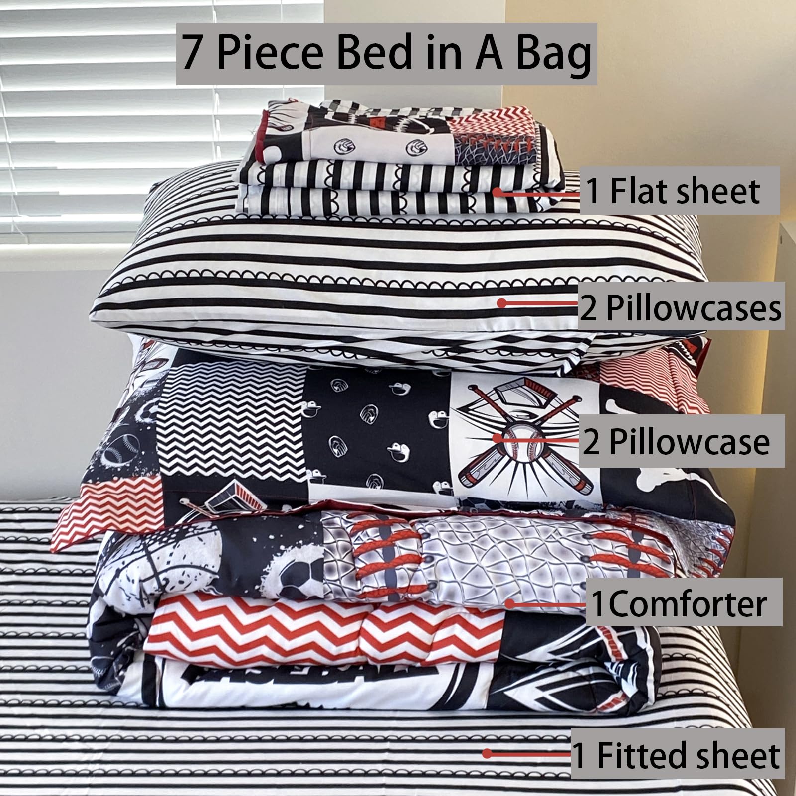 A Nice Night Set Biancheria Letto 6 Pezzi Per Ragazzi – Motivo Sportivo Baseball Patchwork Nero, Letto In Una Borsa