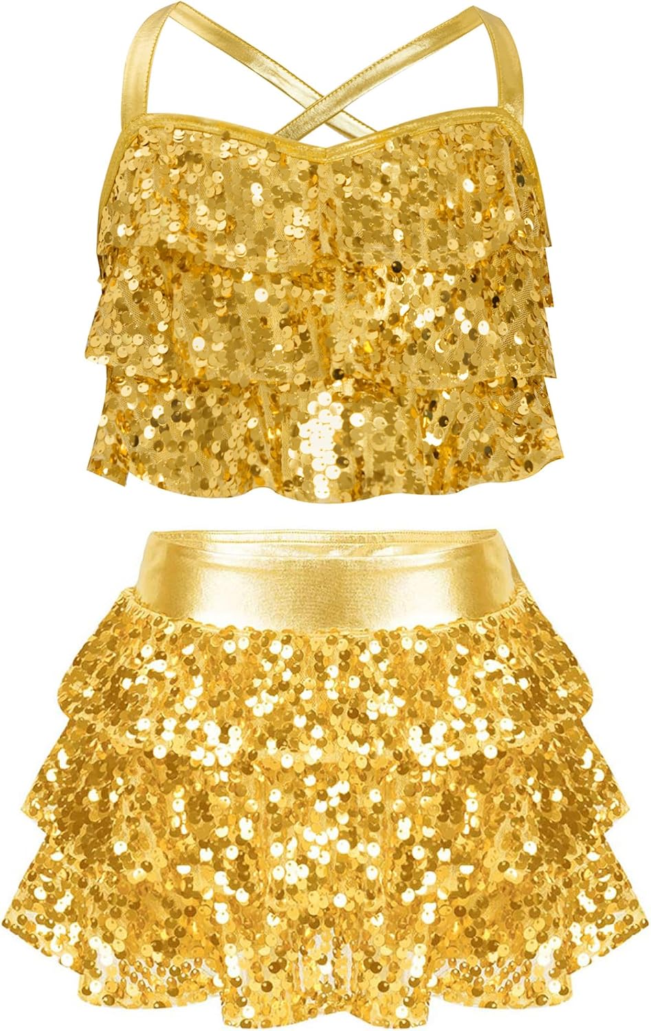 Kids Girls 2 Piece Jazz Latin Dance Outfit Sequin Metallic Crop Top with Shiny Skirt Performance Dancewear