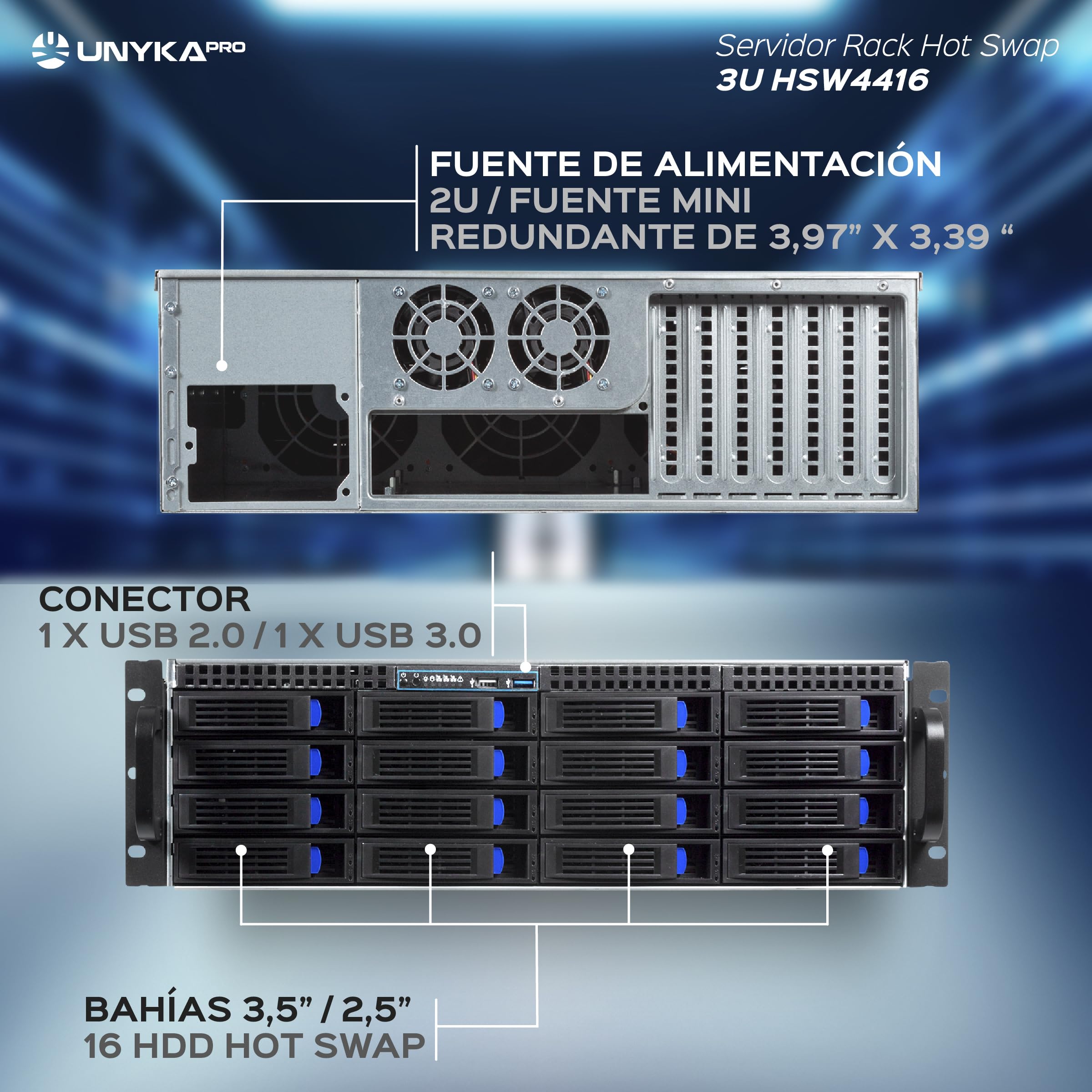 UNYKAch Chasis Rack Hot Swap ATX 3U HSW4416 | Sustitución de Bahías en Caliente, 16 Bahías para Discos de 3,5″ o 2,5″, 4 Ventiladores de 80 mm, 2 de 60 mm