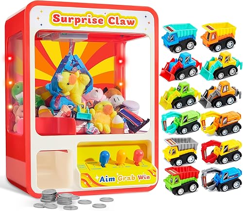 JOYIN Máquina de garras con 12 piezas de coches de tracción para niños, juguete de arcade de máquina de garras con luz LED y sonido ajustable, mini