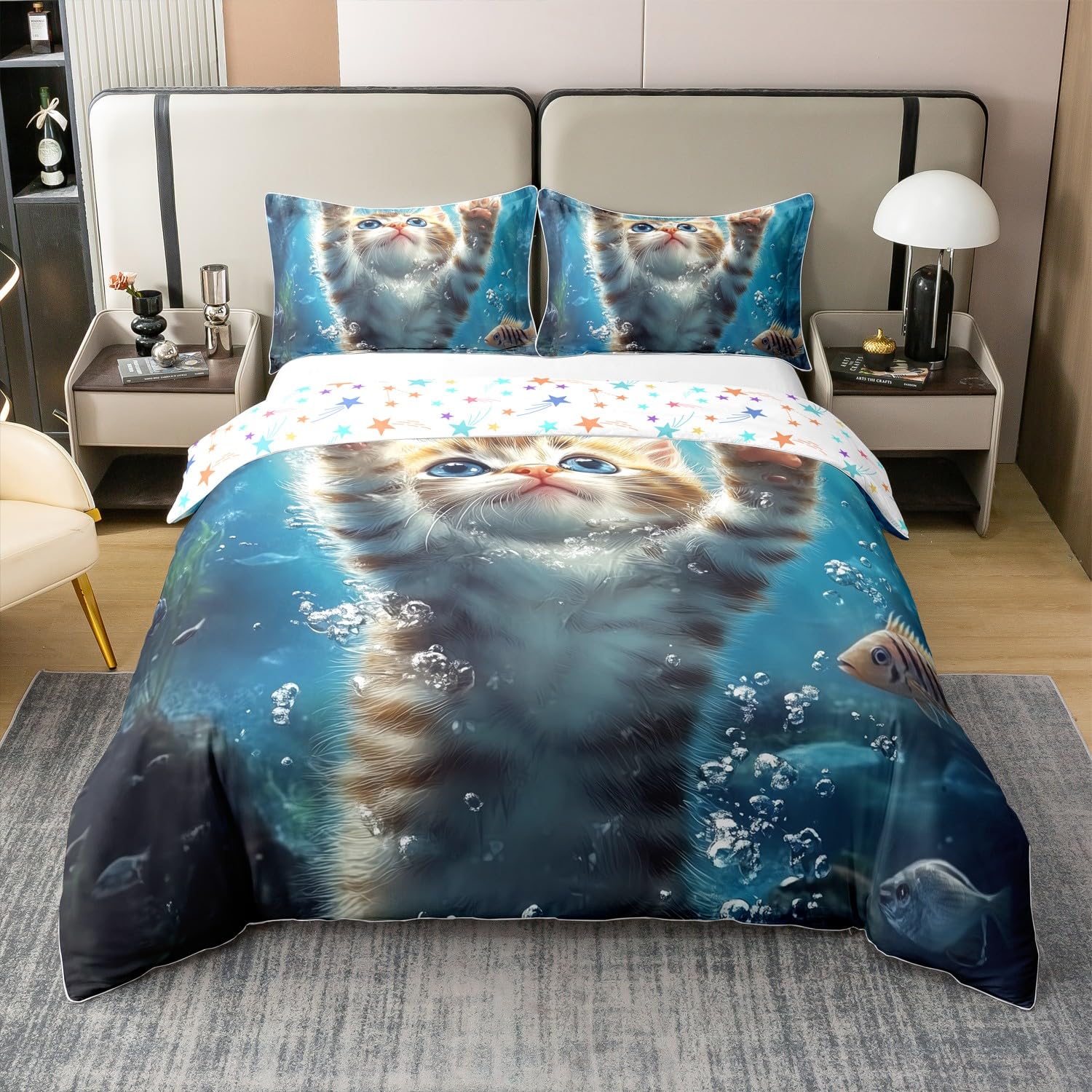 Housse de couette 140x200 100% coton respirant motif chaton sous-marin