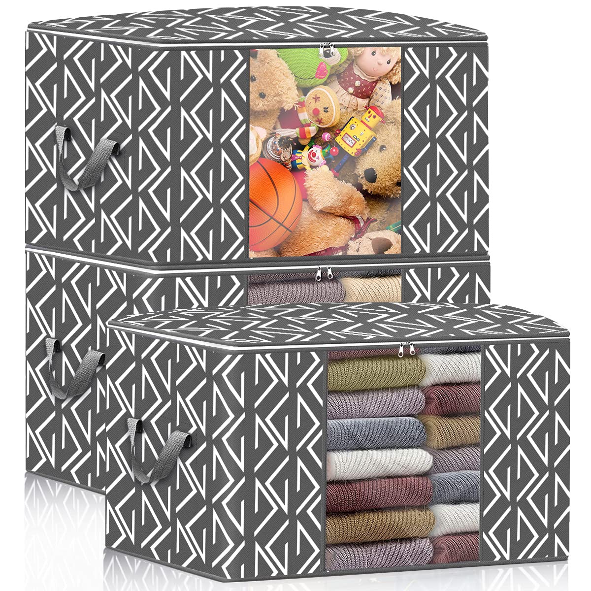 Pack of 3 100L Large Foldable Clothes Storage Bag with Two-way Zips and Reinforced Sturdy Handles, Breathable Under-bed Storage Organizer Bag for Duvets Blankets Bedding Camping Travel