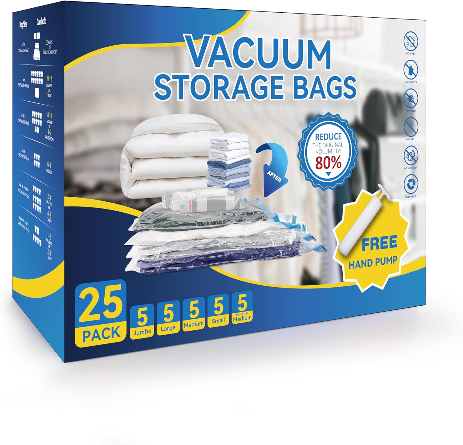 Simple Deluxe 30 Pack Space Saver Bags (5 Jumbo/5 L/5 M/5 S/5 Roll M/5 Roll S) 80% Space Saver Bags with Travelling Pump for Quilts and Blankets Storage