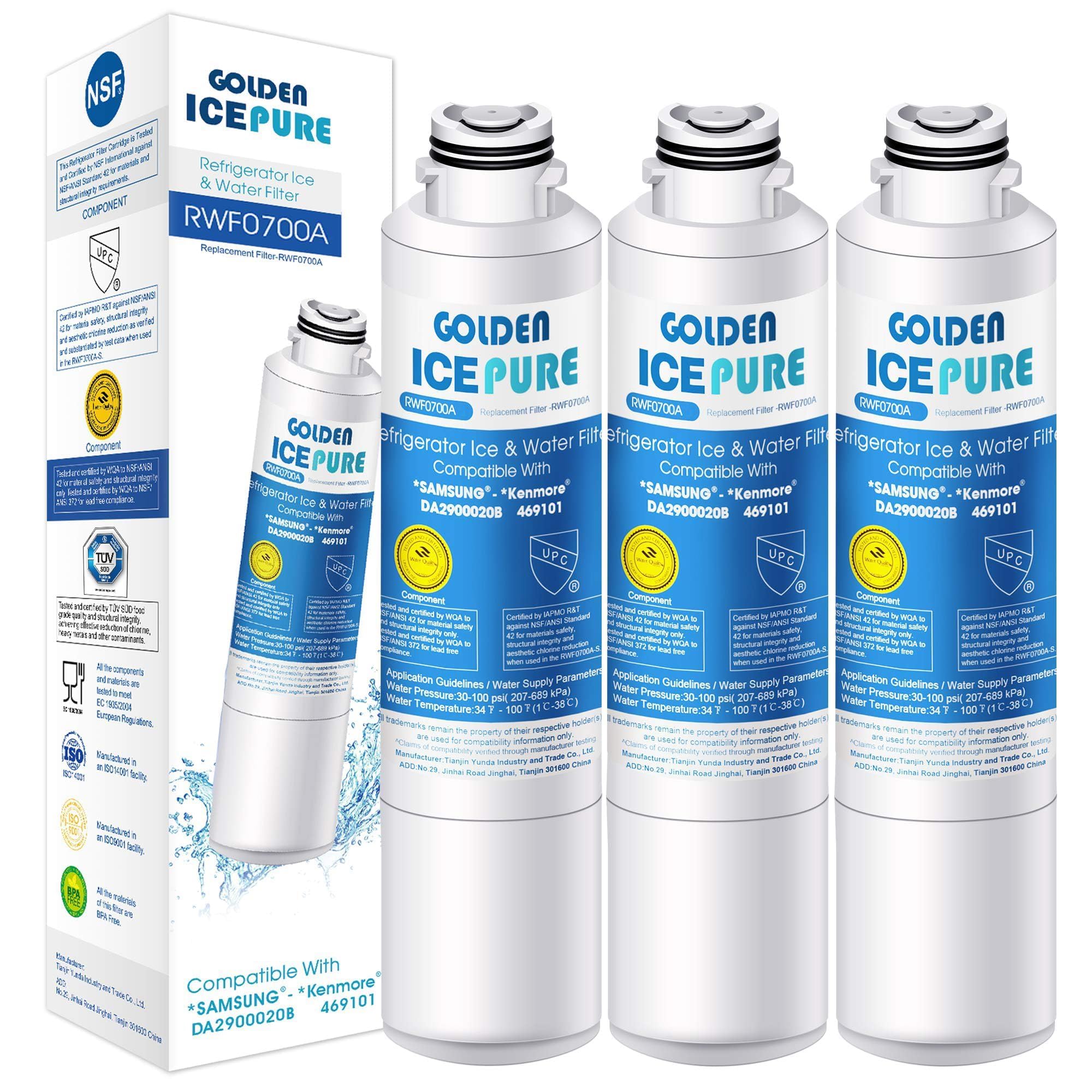 GOLDEN ICEPURE Filtre à eau pour réfrigérateur Compatible Avec Samsung DA29–00020B, DA29–00020 A, haf-cin/EXP, 46–9101 blanc, 3 pièces