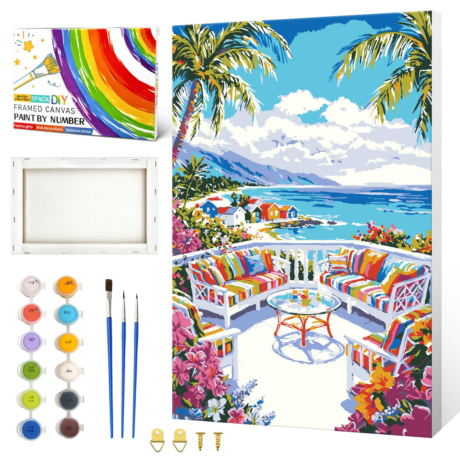 ZTOTZ Paint by Numbers Kit for Adults Framed, Landscape Paint by Number for Teens,Flower Color by Number Kit Canvas Framed for Home Decor 8x12 Inch (Holiday Ocean Scene)