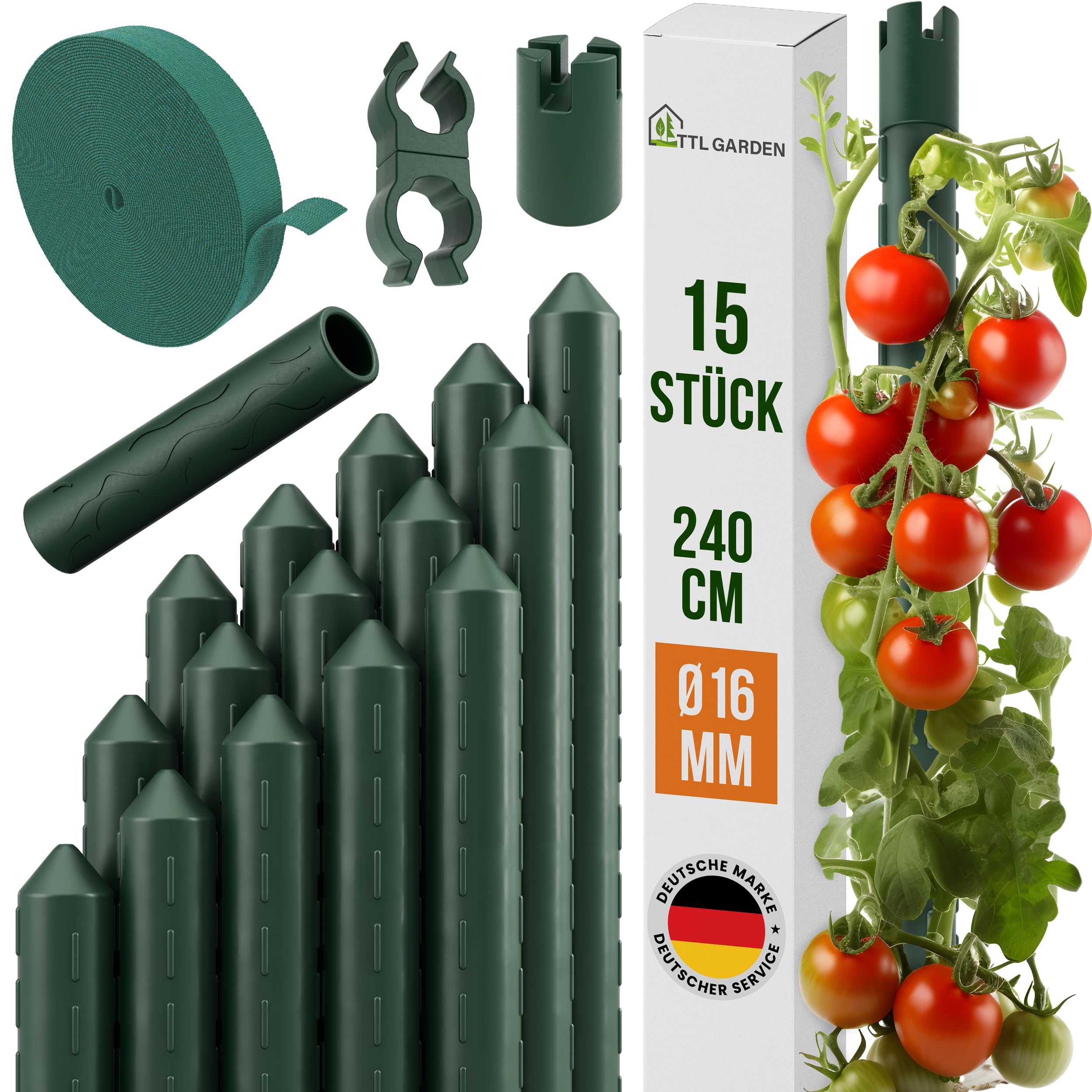 TTL GARDEN Set di 15 bastoncini per piante rampicanti, 240 cm x 16 mm, diametro verde, extra stabili, 16 mm, velcro + clip in acciaio inossidabile rivestito in plastica, supporto per piante, pomodoro