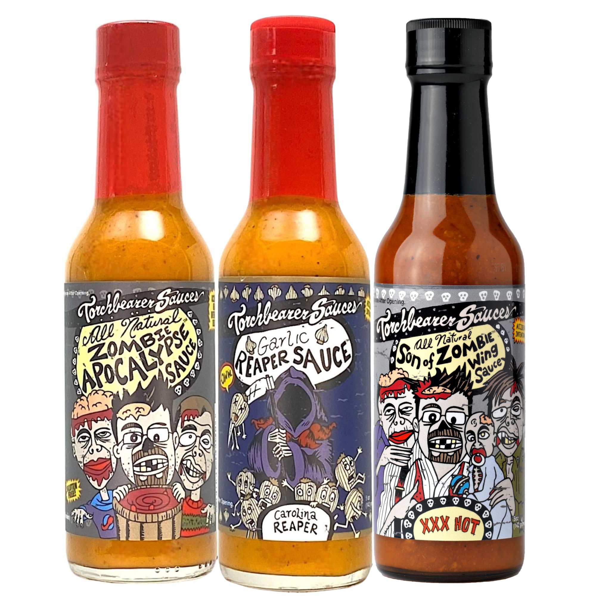Torchbearer Sauces Hot Sauce Bundle Set, 5 Oz Each: Zombie Apocalypse, Garlic Reaper, & Son of Zombie