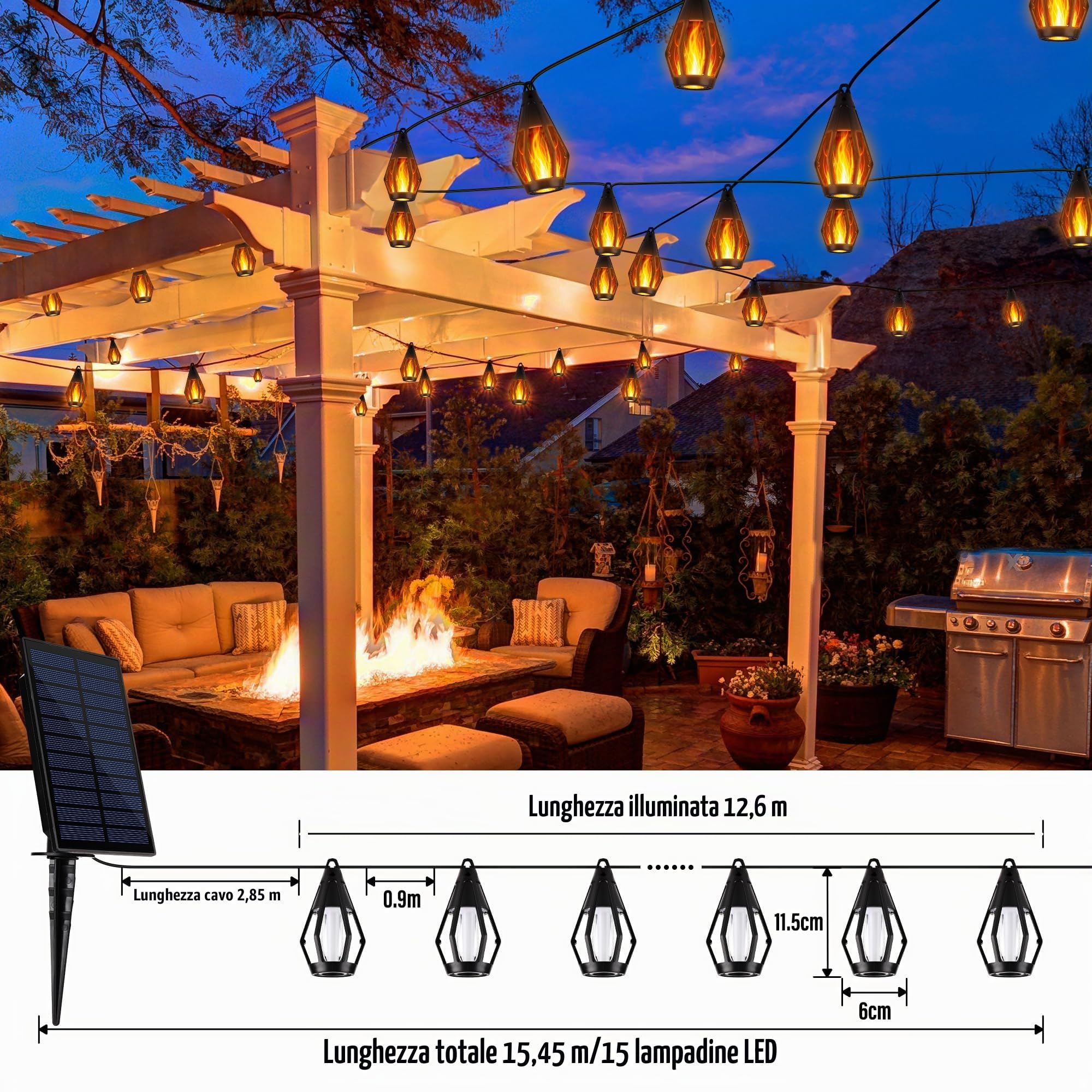Joomer Catena Luminosa Esterno Solare, 12.3m 15LED Luci da Esterno Giardino, Luci Solari Esterno con Effetto Fiamma Tremolante Realistico IP65 Impermeabili per Gazebo Terrazzo Albero Festa | Catena di luci solari per esterni, con fiamma, resistente alle i