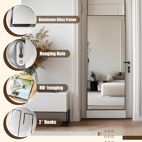 Antok Over The Door Mirror Full Length, 49'' x 14''Wall Mounted Hanging Mirror, Aluminum Alloy Frame, Shatterproof Glass, No Drill Installation for Bedroom, Closet, Bathroom, Dorm, Rect Corner,Black