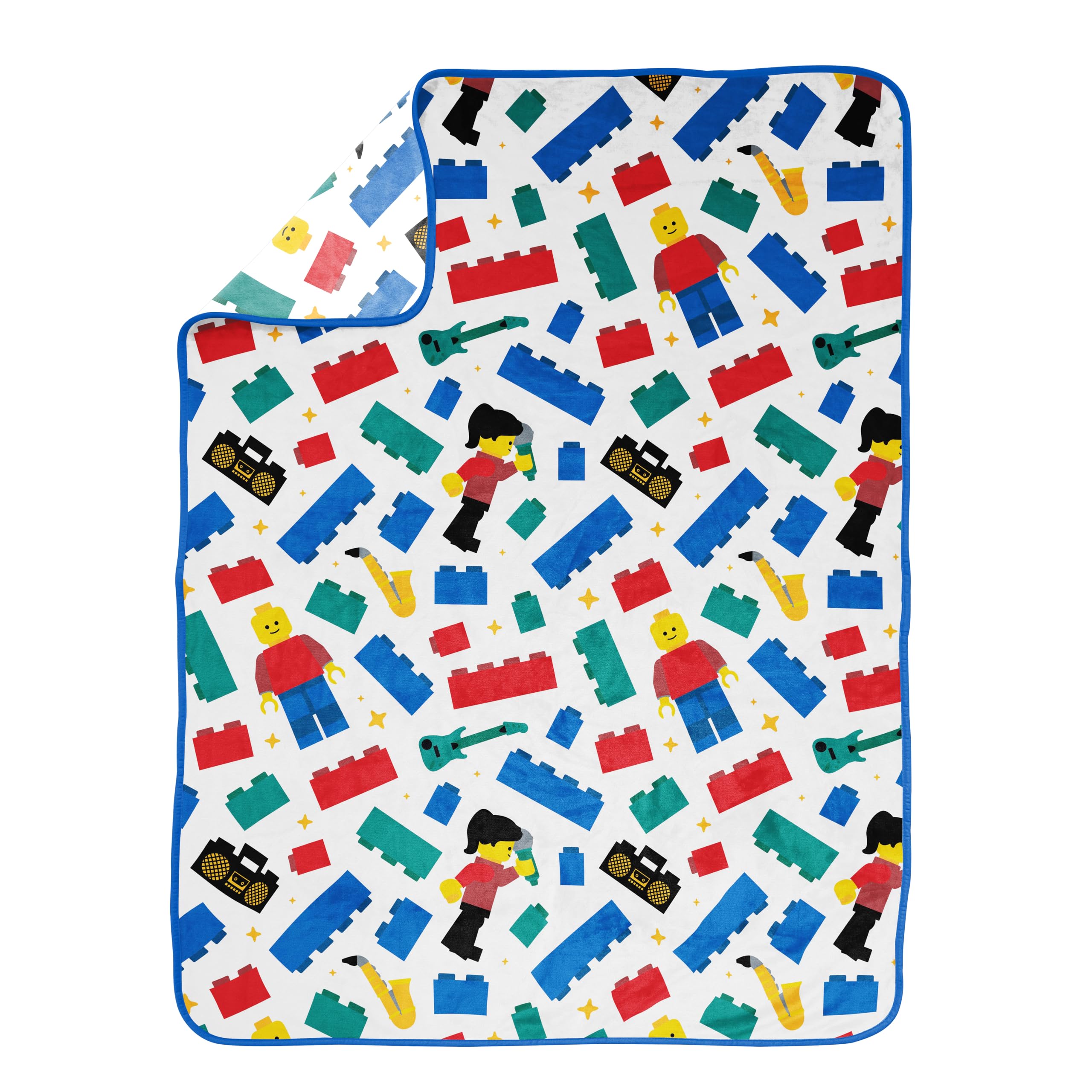 Jay Franco Kids Pluszowy koc z motywem Lego – miękki i przytulny koc polarowy o wymiarach 117 x 152 cm do sypialni i na sofę, produkt z oficjalną licencją, biały