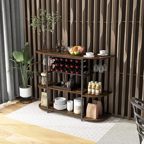 Miniatura 5 de Giantex Armario para bar de vinos, estantes de vino para 18 botellas, soporte para vidrio, isla estacionaria de piso de 47 pulgadas, estante para