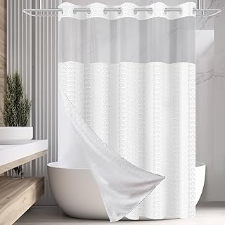 Weighted No Hook Shower Curtain with Snap in Liner, 230GSM Waffle Luxury Heavy Duty Bathroom Curtain, See Through Mesh Top Window, 71x74 Inches, White