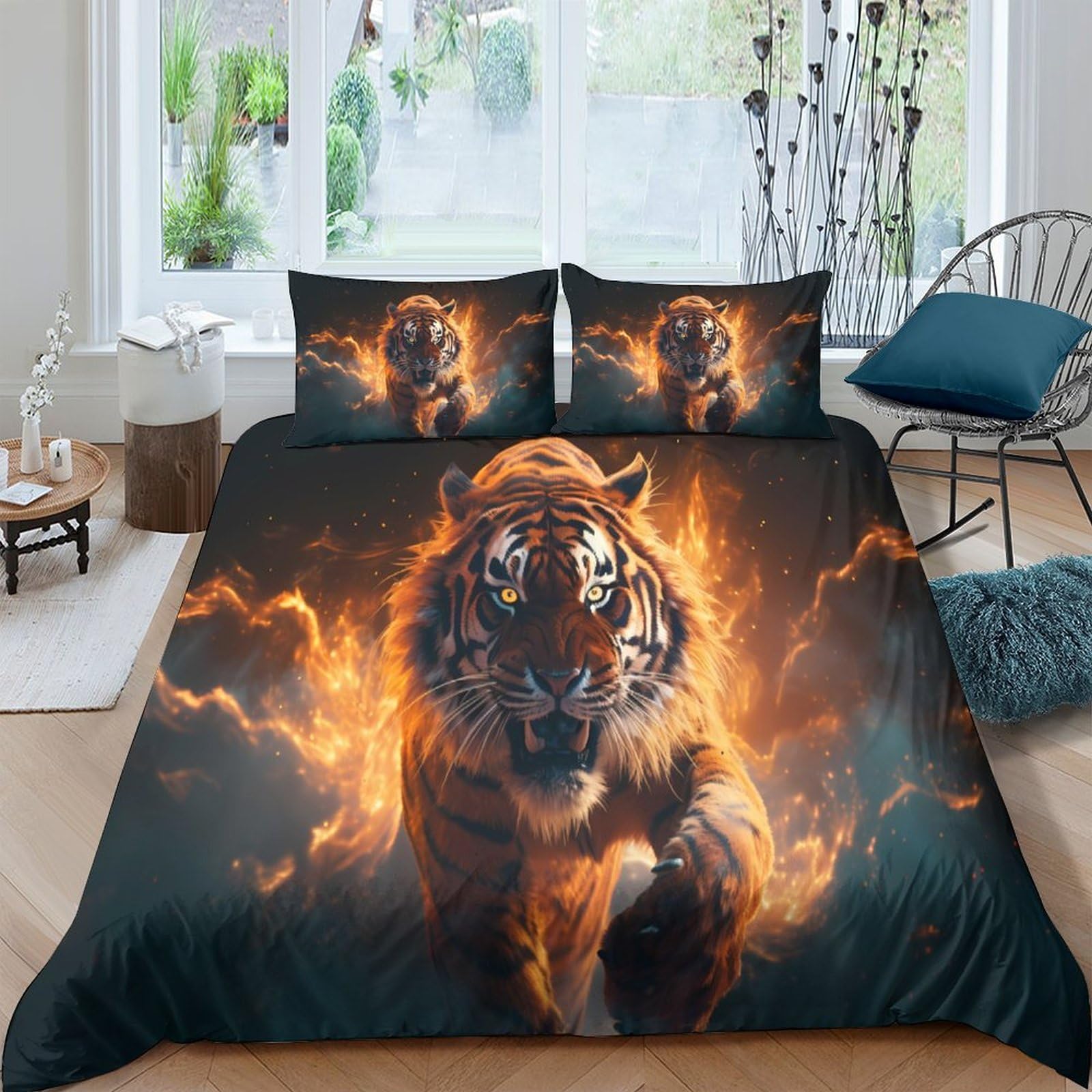Ctjqhvkz Style-4 3D Printed Fire Tiger Fitted Sheet Microfiber Soft Anti-Slip Mattress Cover For Bedroom Dorm Decor, Washable Single（135X200cm）