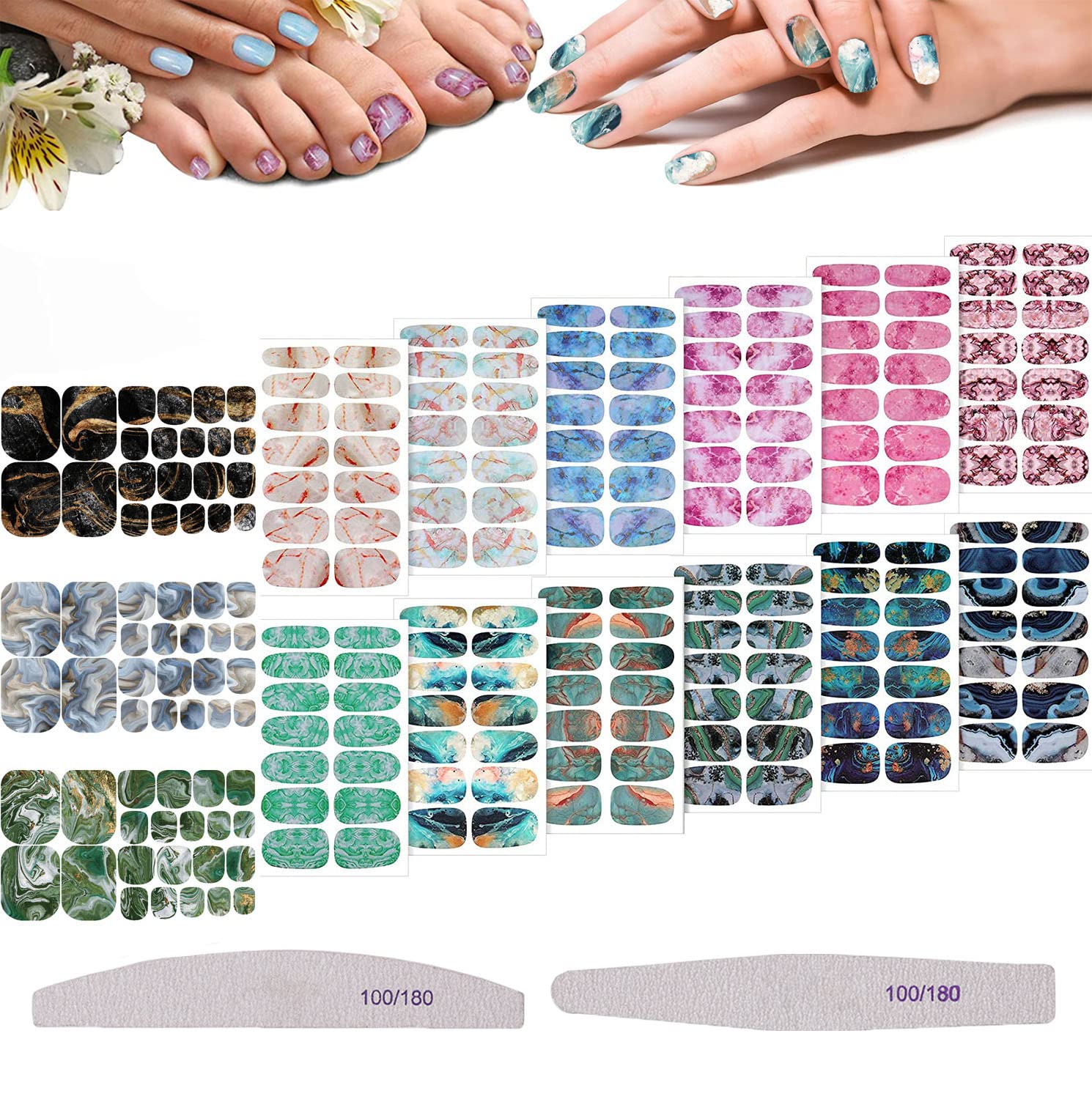 Saienfty Saien-E Full Wrap Nail and Toenail Polish Stickers for Women, 12+3 Sheets Gradient Marble Self-Adhesive Nail Polish Strips Toenail Stickers with Glass Nail File for Women Girls DIY Nail Craft