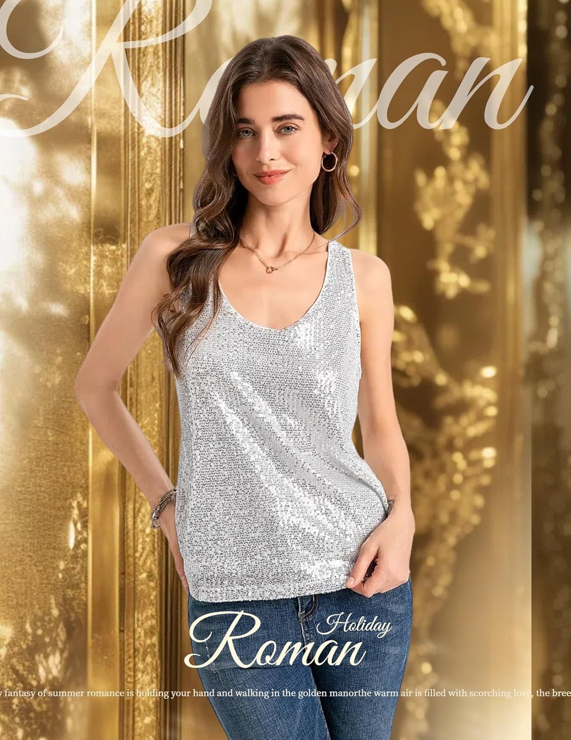 Womens Summer Sleeveless Sequin Tops Scoop Fashion Neck Sparkly Shimmer Tanks Tops Blouses - Image 2
