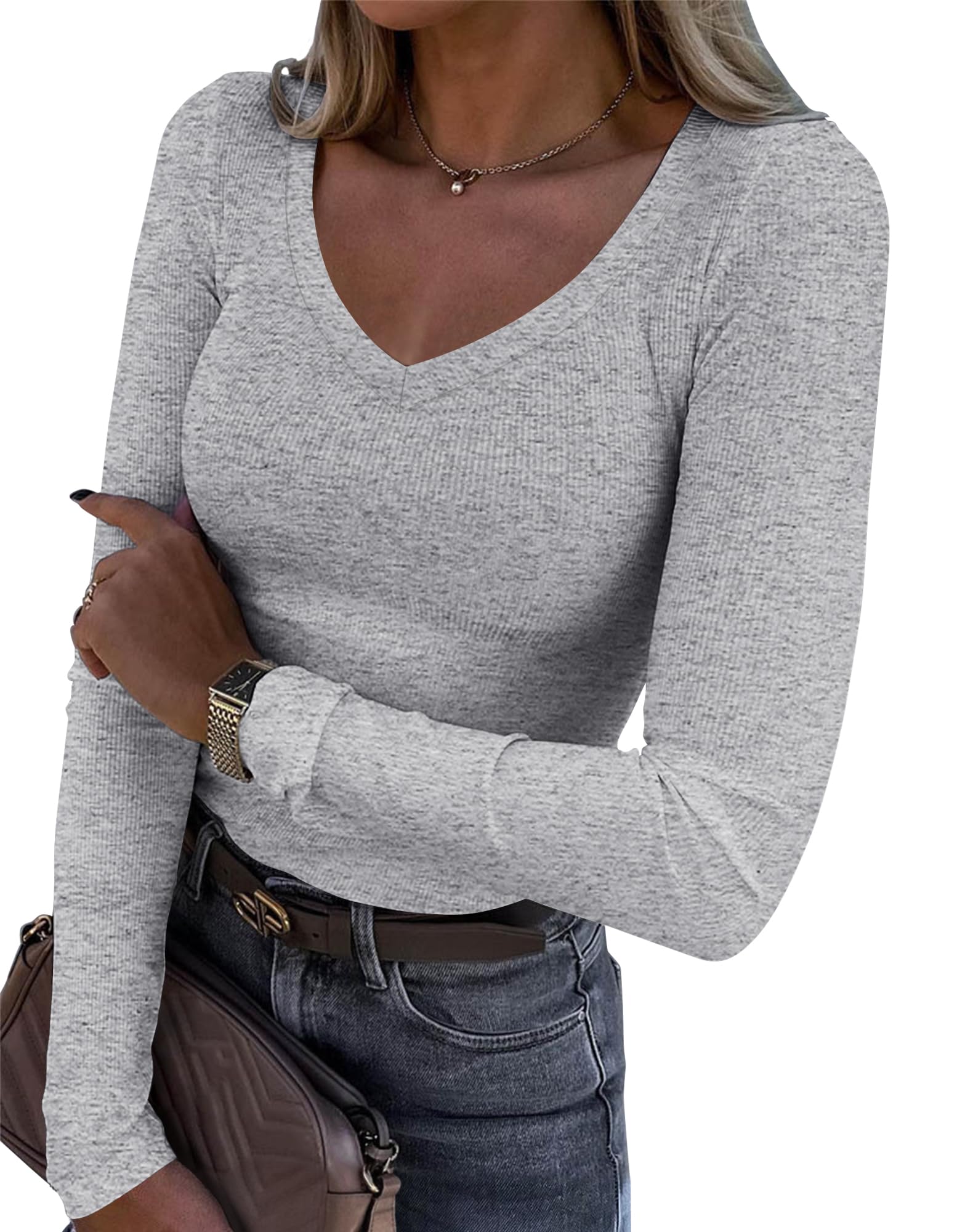 Roselux Womens Long Sleeve V Neck Ribbed Knit Fitted Casual Tops Tee Slim Basic Shirt