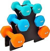 Fitvids Neoprene Dumbbell Set with Rack: 3 Pairs (3/5/8 lbs) Hex Shape, Anti-Slip, Color-Coded for Home Workouts