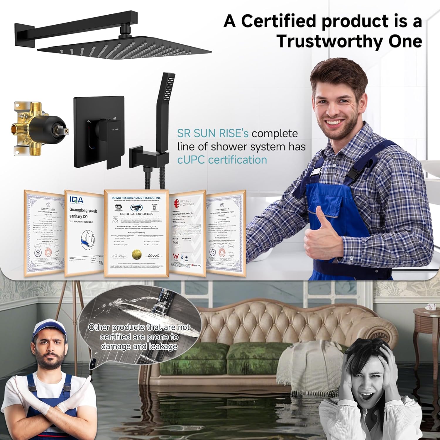 SR SUN RISE Shower Faucet Set & System - 12 Inch Rainfall Shower Head & Handle Set Wall Mounted Matte Black Solid Brass Valve Trim Kit Included - Image 3