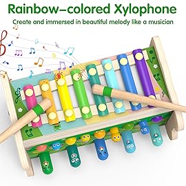 Amtreen 6-IN-1 Wooden Montessori Toys for 1 Year Old, Mole-Tapping Game | Play the Xylophone | Frog Clock | Carrot Harvest Game | Spinning Gear, Toddler Toys Aged 1-4, Baby Toy Gift for Early Learning