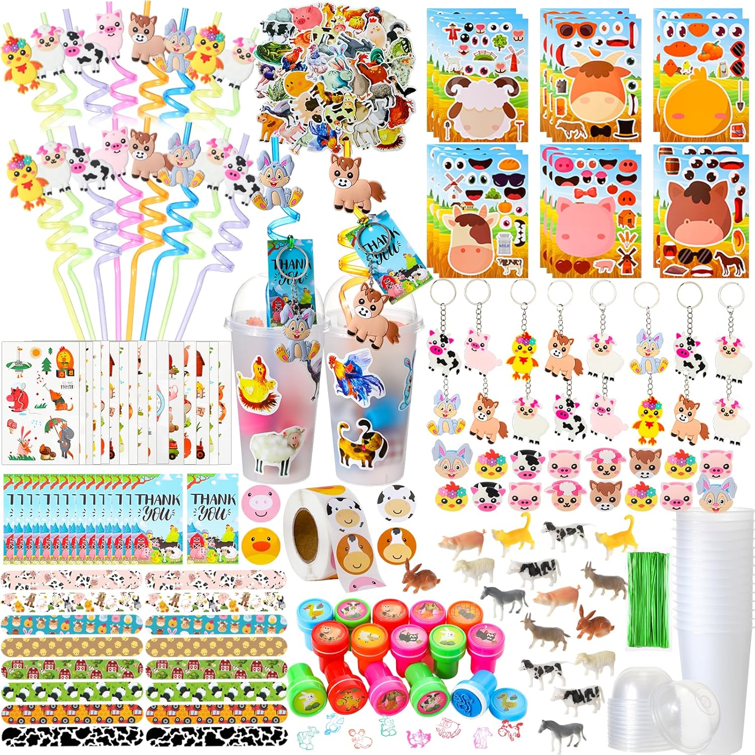 Poen 172 Pcs Farm Animal Party Favors Set Include Cup Straw Stamp Clap Bracelet Keychain Ring Puzzle Sticker Animal Miniature Card for Birthday Party Baby Shower Goody Bag Stuffer