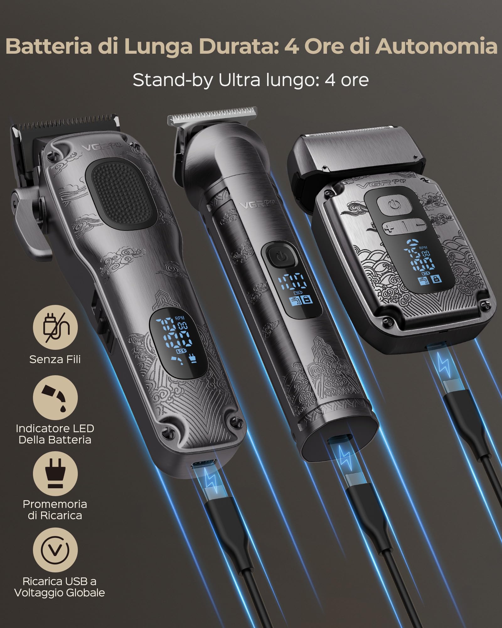 VGRPRO Set di Tagliacapelli uomo professionale e Trimmer Capelli, Rasoio Elettrico a Lamina, Macchinetta per capelli, 4 Impostazioni di Velocità, Display LED della Batteria, Uso da Barbiere (Grigio)