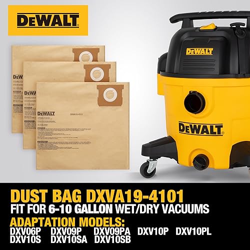 Miniatura 3 de Paquete de 3 bolsas de polvo DEWALT DXVA19-4101, para aspiradora húmeda/seca de 6-10 galones, bolsas de aspiradora DEWALT compatibles con DXV06P