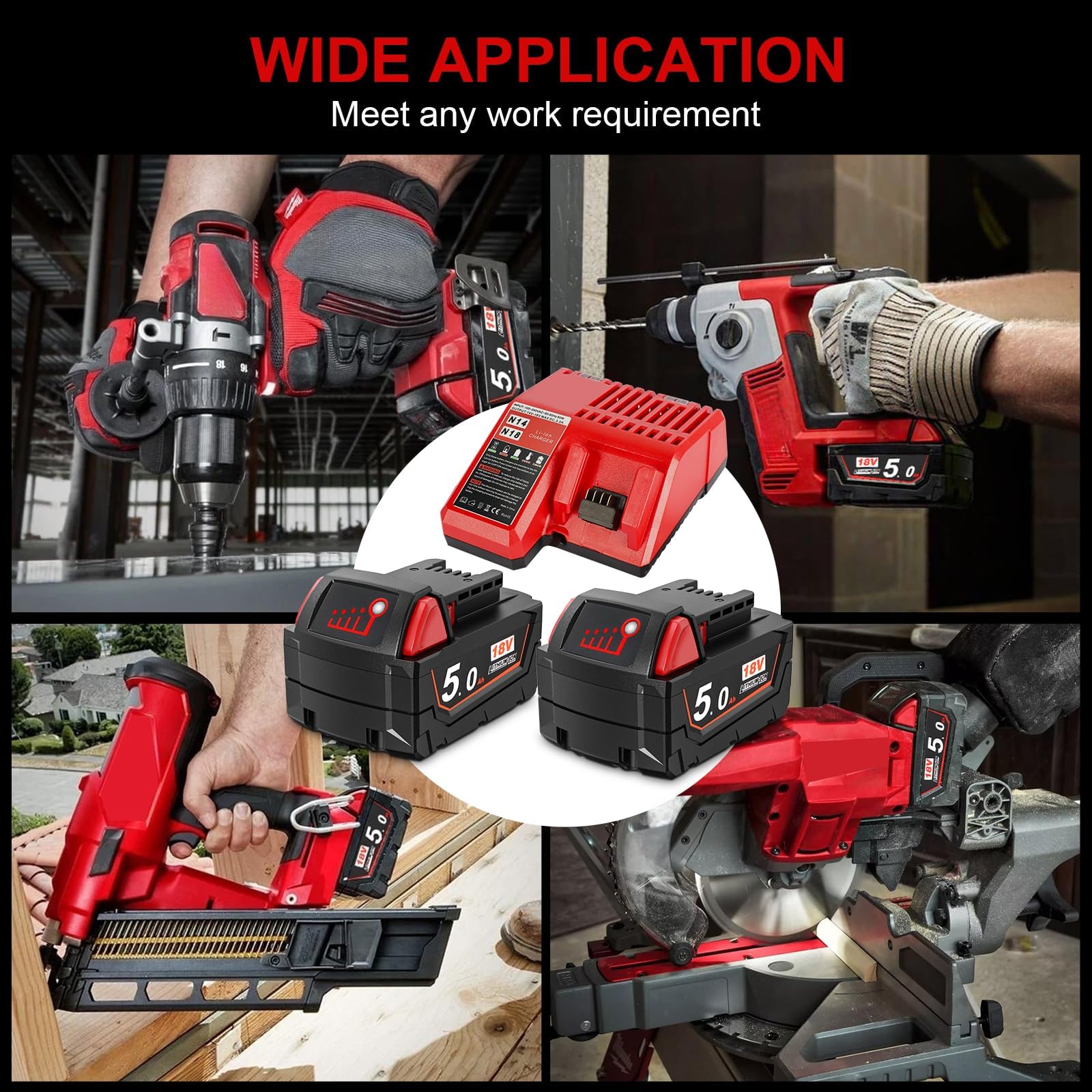 Powarobor 2X M18B5 18V 5,0Ah Batterie & Chargeur Kit pour Milwaukee M18 | 48-11-1850/48-11-1820/1828/1840/1860,Compatible avec les outils sans fil Milwaukee M18 18V