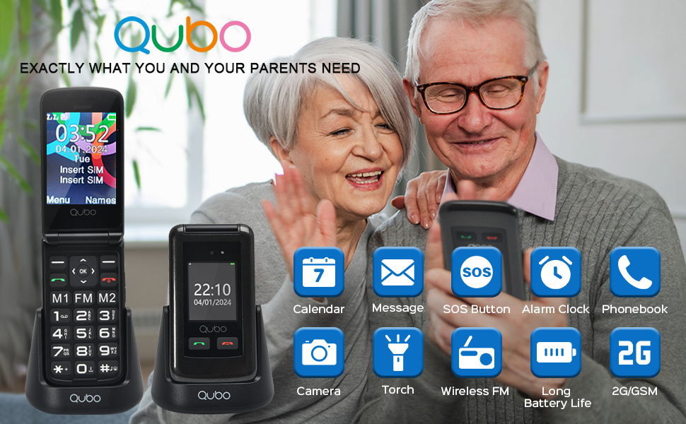Qubo Flip Handy für Senioren GSM, Handy für Senioren, 2,4 Display, hohe Lautstärke, SOS-Funktion, Dual-SIM-Unterstützung, Schnellwahl, FM-Radio, Taschenlampe, Ladestation, Schwarz Qubo Flip Handy für Senioren GSM, Handy für Senioren, 2,4 Display, hohe Lautstärke, SOS-Funktion, Dual-SIM-Unterstützung, Schnellwahl, FM-Radio, Taschenlampe, Ladestation, Schwarz
