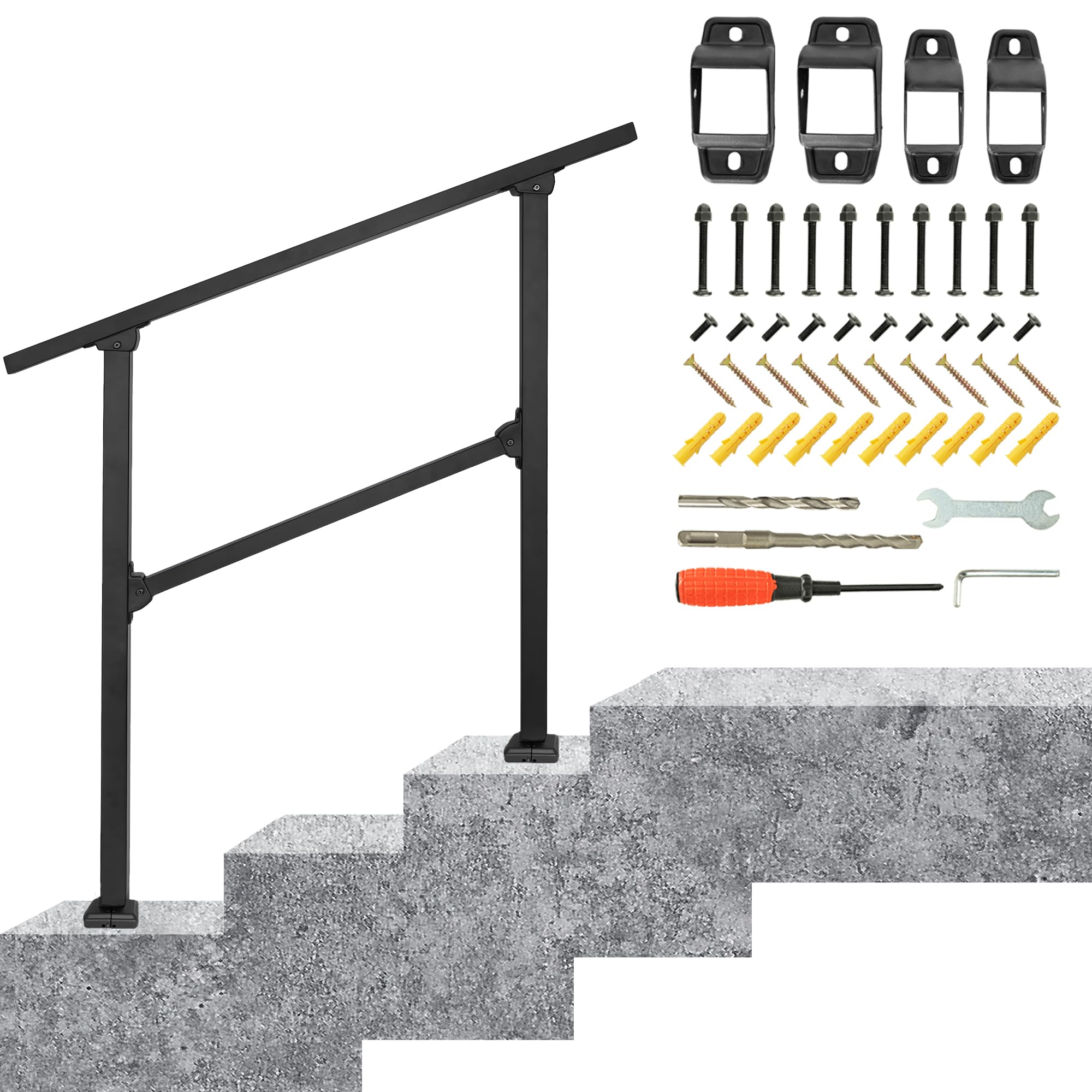 BQKOZFIN Wrought Iron Handrail, Step Handrails for Outdoor Steps, Adjustable Porch Railing Transitional Rail with Installation Kit for Concrete or Wooden Stairs (Black)
