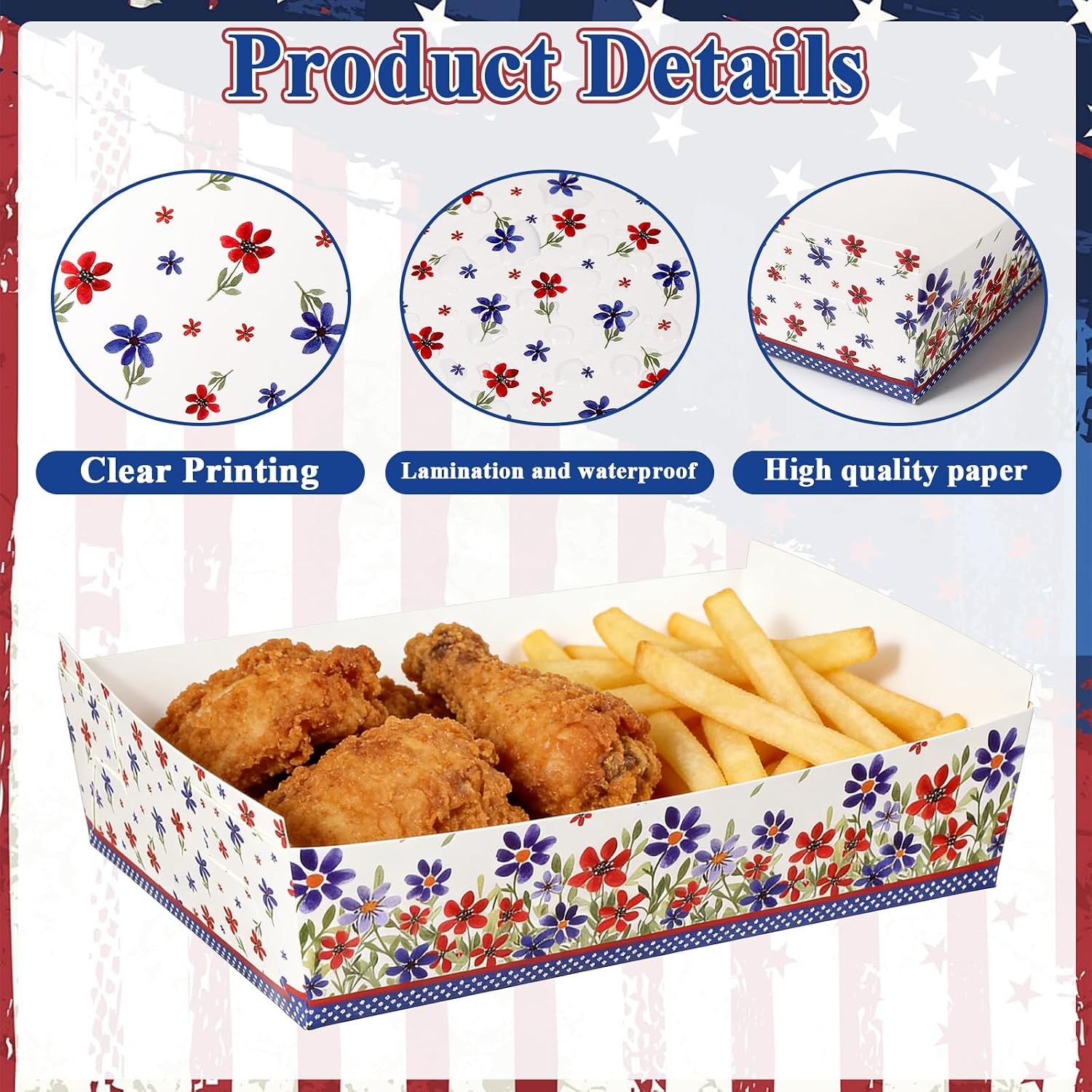100Pcs 4th of July Party Food Boxes Patriotic Poppy Flower Party Supplies Red Blue Independence Day Paper Tray Boats Patriotic Floral Paper Food Trays for Veterans Memorial Day Birthday Parties Favors image 3