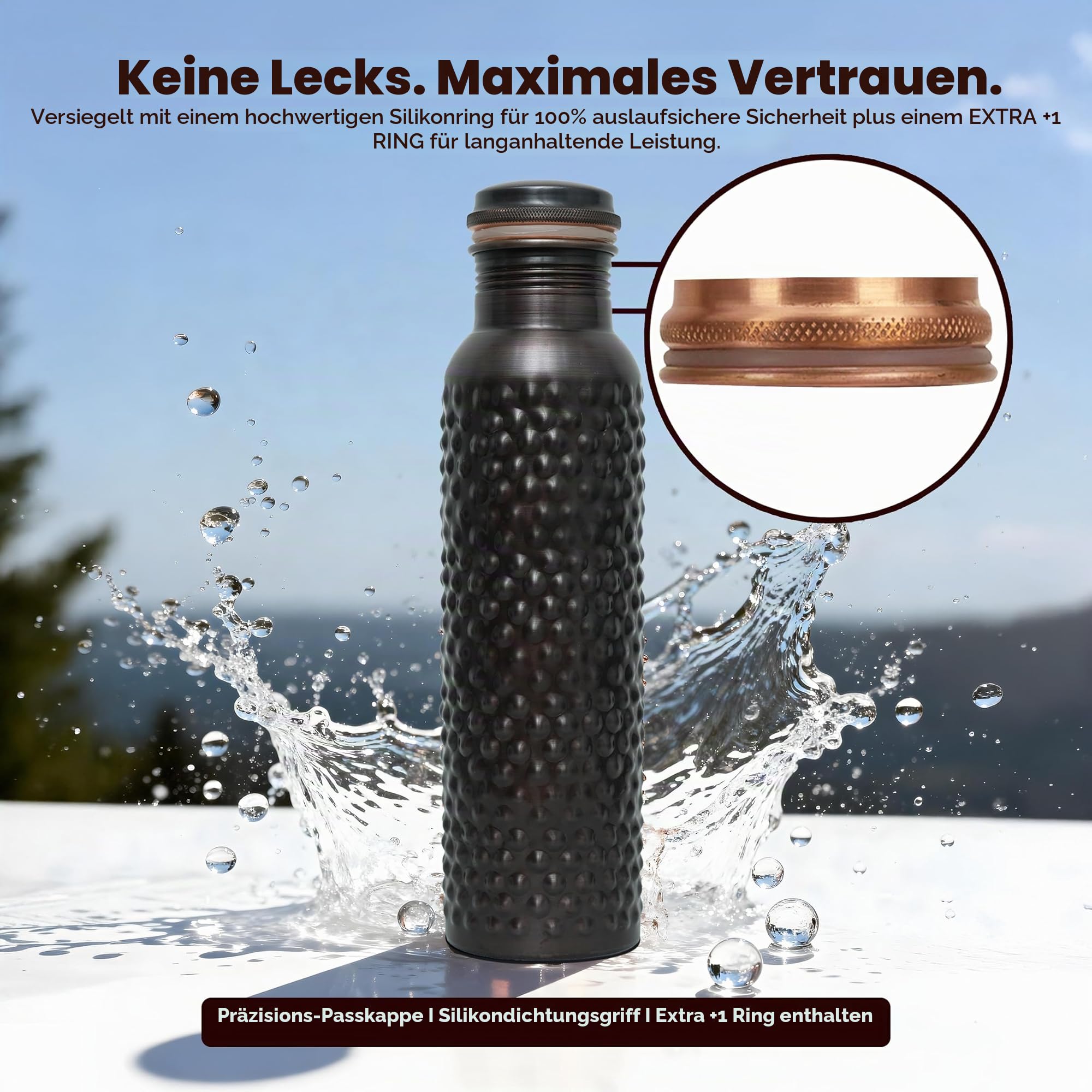 Kupferflasche mit ayurvedischen Vorteilen, Wasserflasche mit Tragetasche zum Trinken, auslaufsicherer Deckel, großes handgefertigtes Kupfergefäß für Reisen, Fitnessstudio, Büro, Wandern, Outdoor,