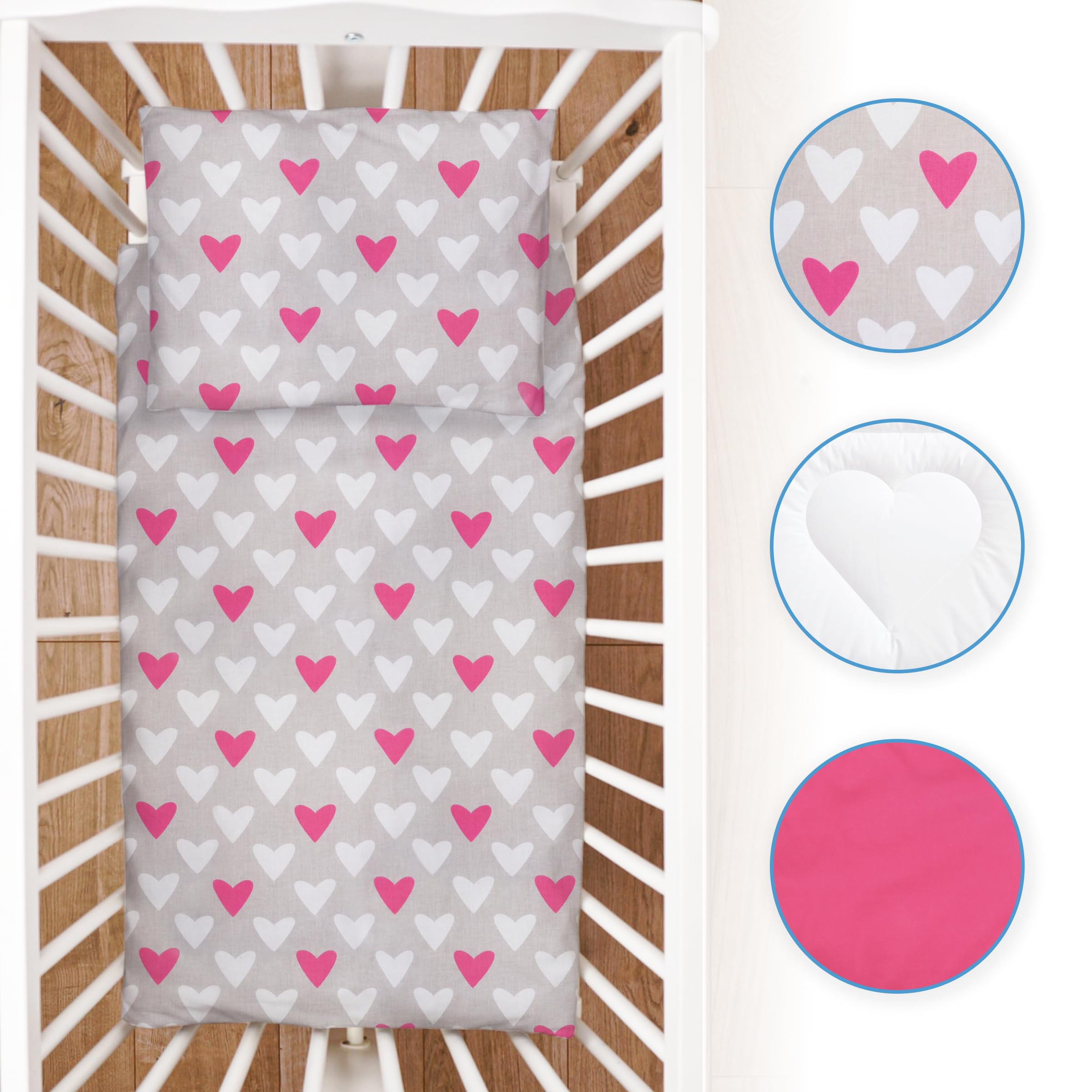 Baby Comfort Set di biancheria da letto per letto o culla da viaggio, Lenzuolino Lettino, 4 pezzi, per letto o culla (cuori rosa) (12 mesi+)