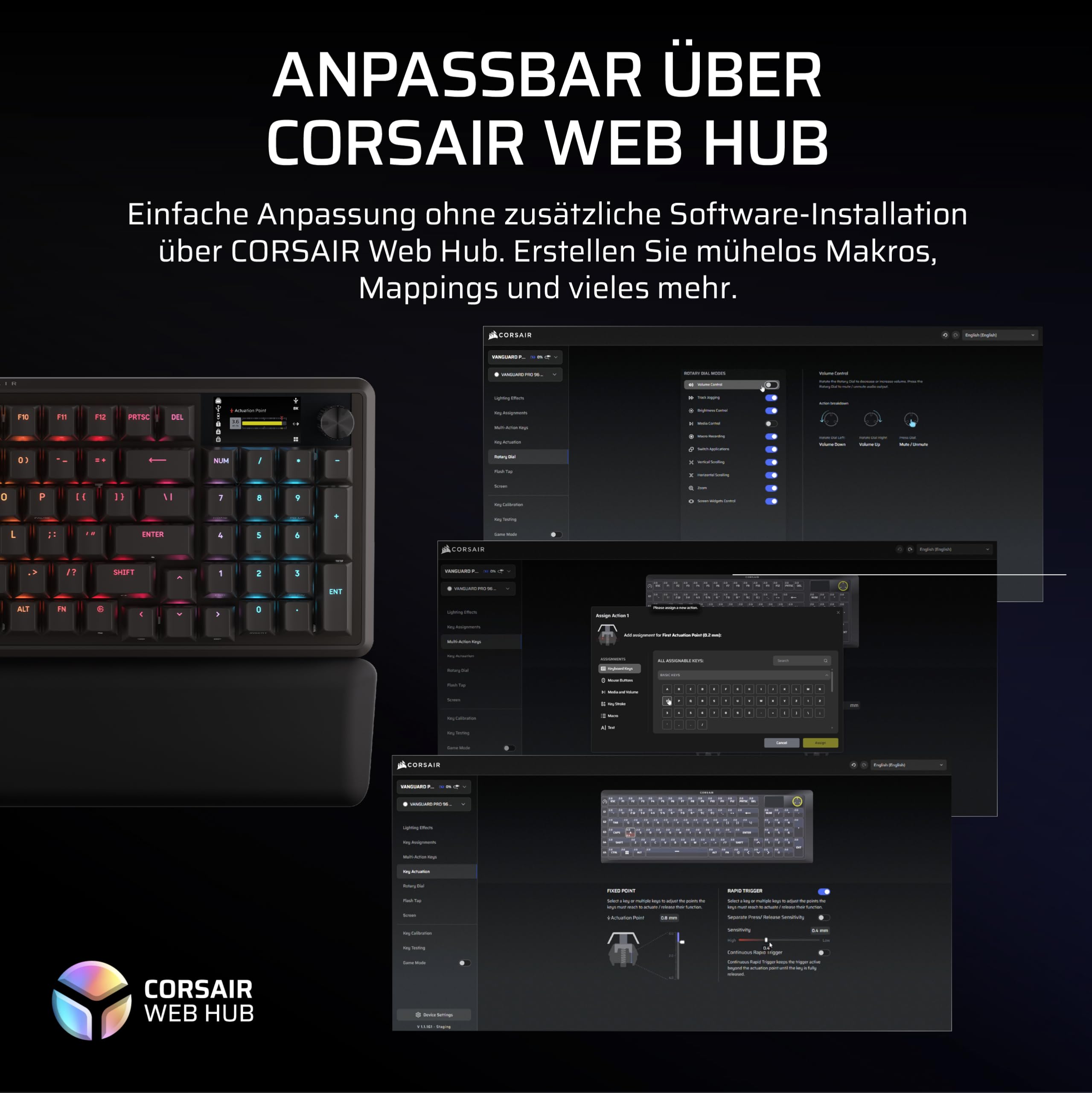 Corsair Vanguard PRO 96 Kabelgebundene Gaming-Tastatur Schwarz QWERTZ DE Hall-Effekt 96% MGX Hyperdrive Schalter 8000Hz Rapid Trigger Virtual Stream Deck SOCD Flashtap