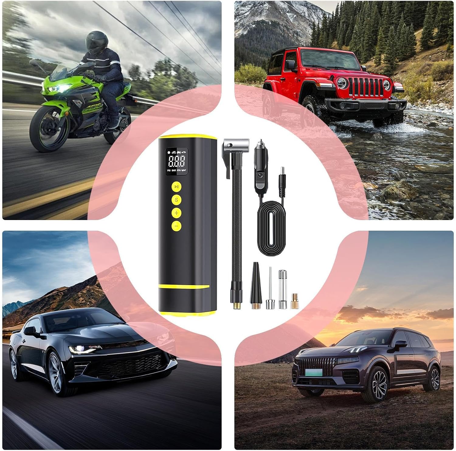 Mendoule エアポンプ | コードレス エアポンプ | 1030kPa タイヤ ワイヤレス ゲージ 電動 空気入れ 自動車 バ