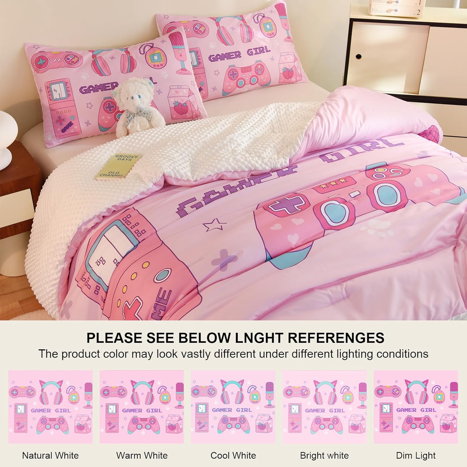 Cyusri Video Game Twin Size Comforter Set for Girls Kids Teens 3D Gaming Controller Pattern Gamepad Print Bedding Set- 3 Piece Pink Quilt with 2 Pillowcases (68"x90")