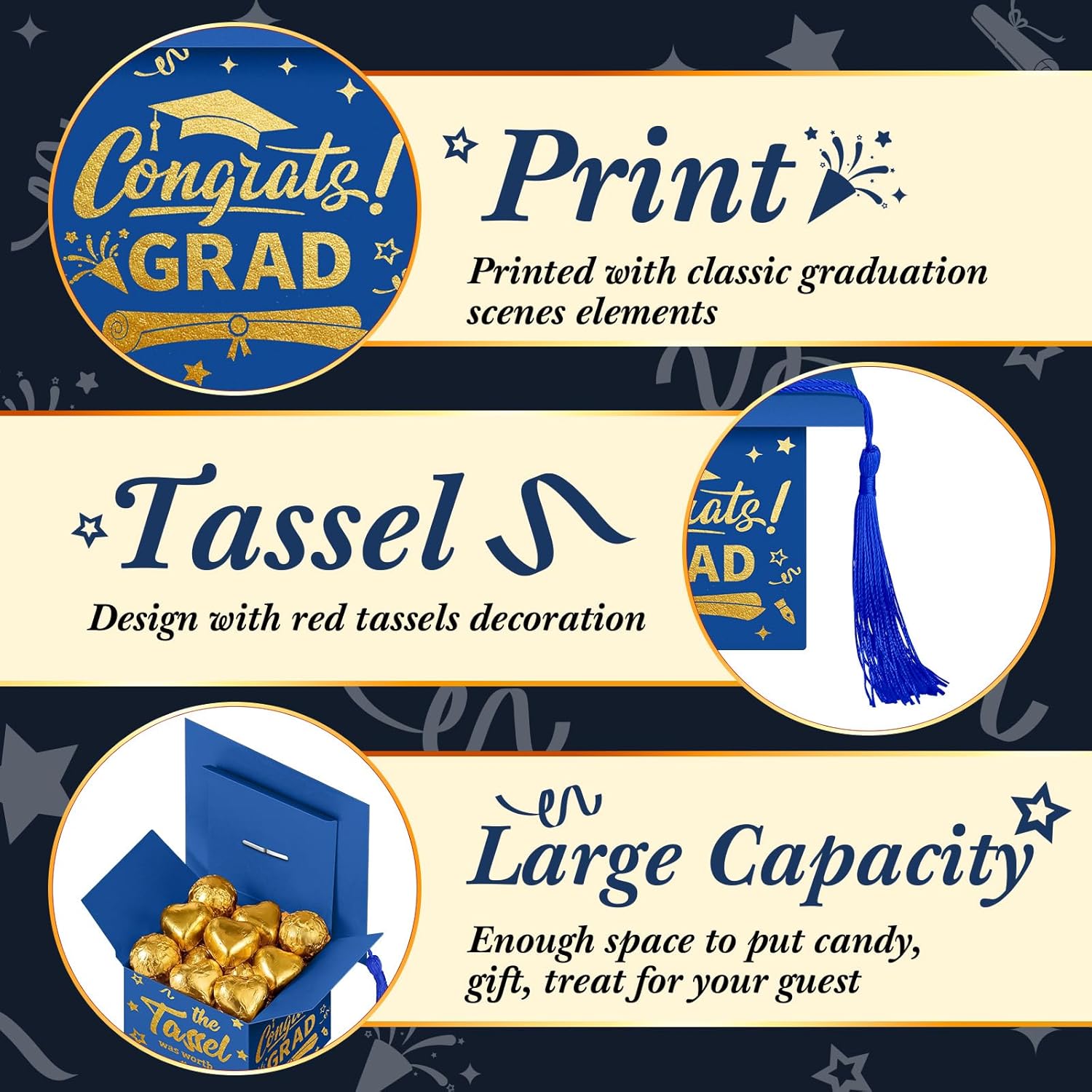 Crtiin 100 Pcs Graduation Candy Boxes with Tassel Graduation Party Favors 2024 Graduation Gifts Graduation Decorations Grad Cap Candy Box for Candy Biscuit Chocolate Supplies (Blue and Gold)