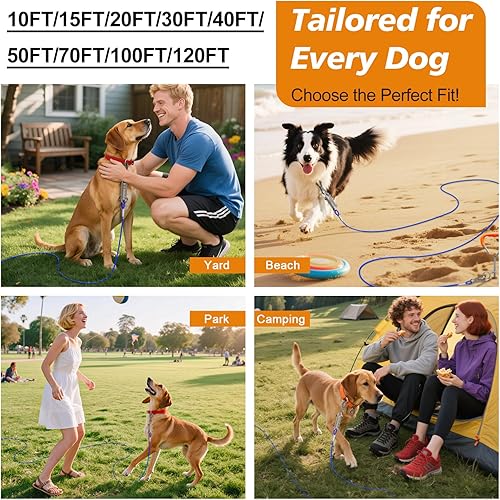 Miniatura 6 de Tresbro Cable de amarre para perros de 10 pies resistente con resorte y gancho giratorio, cables para mascotas para patio, cadena exterior para
