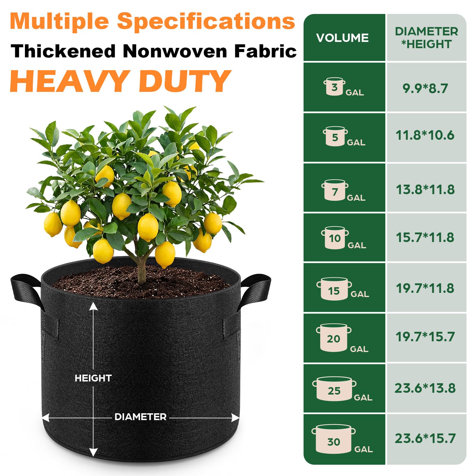 Songrey Lot de 10 sacs de culture de 50 litres en tissu non tissé épais avec poignées, pot de fleurs très résistant pour tomates, légumes et fleurs