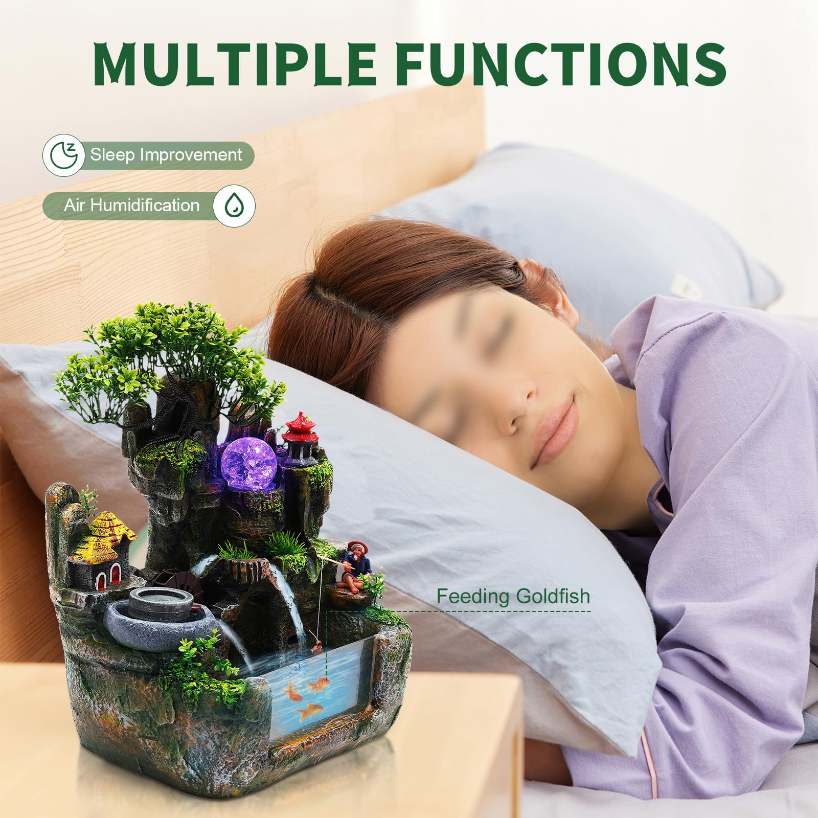 LyeXD Indoors Rockery Fountain Goldfish Waterfall Desktop Decorat, Tabletop Fountain Waterfall Bonsai with Atomizing Humidifier&LED Lights, Indoor Relaxation Resin Ornament for Home Office Bedroom