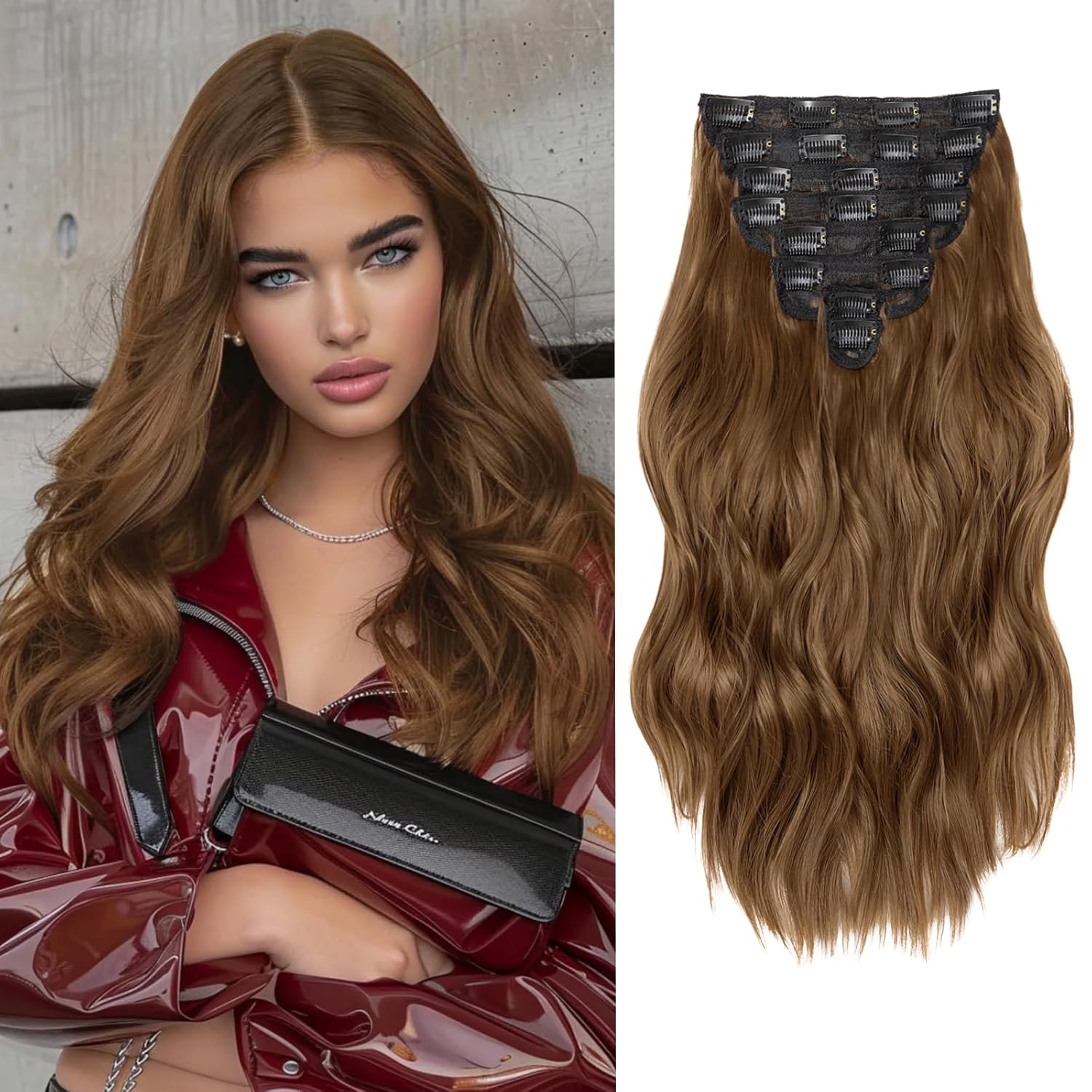 Hair Extensions for Women, 8PCS 16 Inch Medium Brown Clip in Hair Extensions, Synthetic Wavy Clip Ins, Full Head Thick Hairpieces for Women
