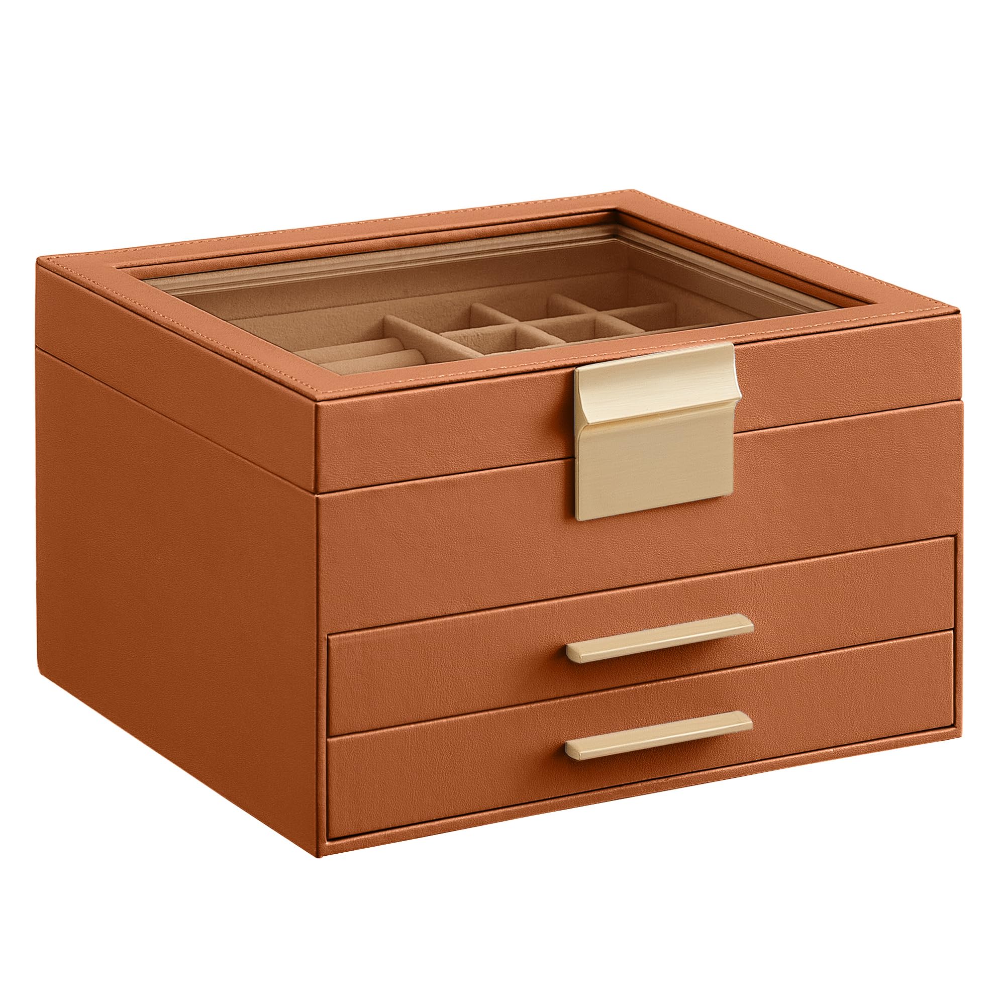 SONGMICS Jewelry Box with Glass Lid, 3-Layer Jewelry Organizer, 2 Drawers, for Big and Small Jewelry, Jewelry Storage, Modern Style, 8 x 9.1 x 5.3 Inches, Caramel Brown and Gold Color UJBC239K01