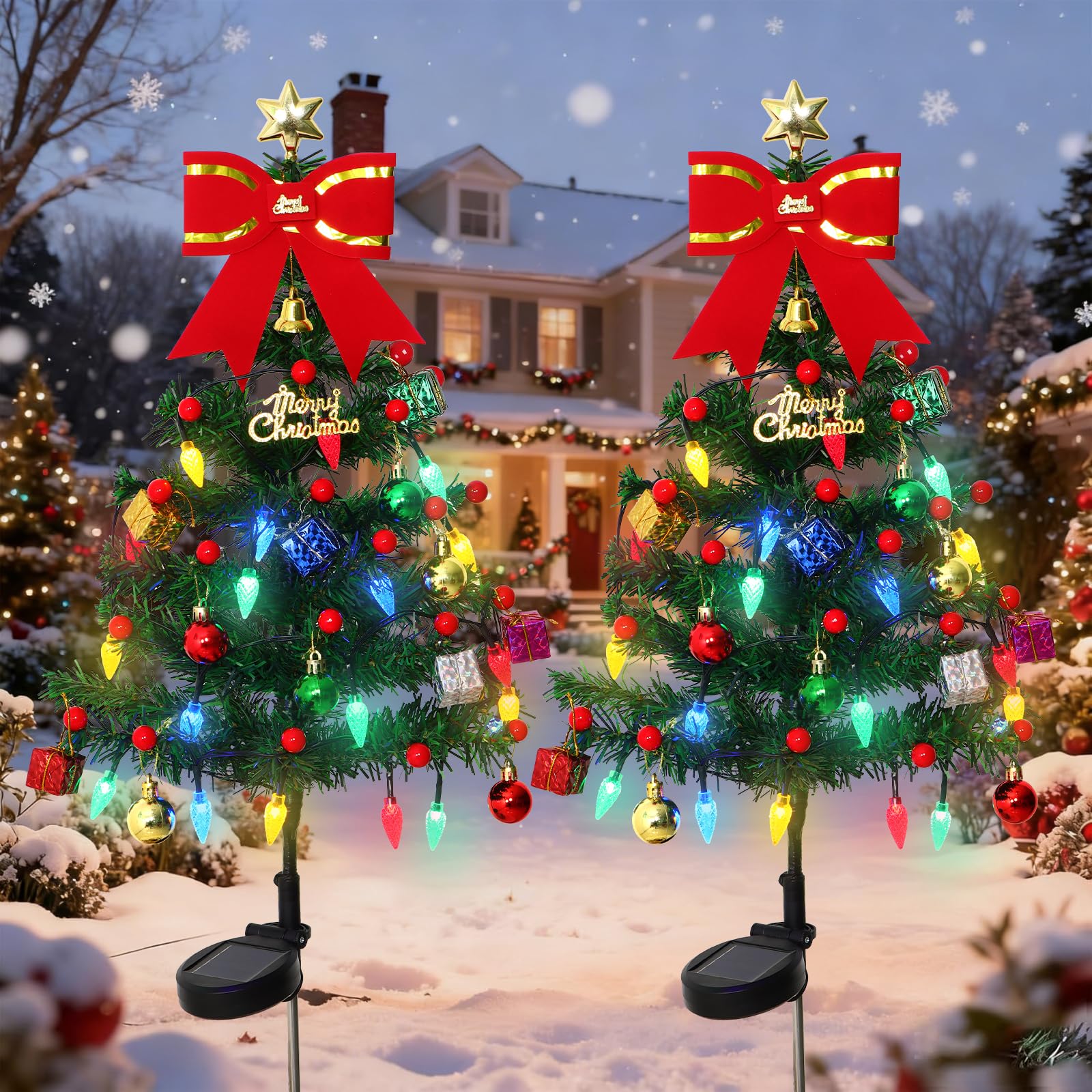 2 Set Solar Christmas Tree Solar Christmas Lights Outdoor with LED Waterproof Pathway Light Solars Xmas Lights Decorations with 80 Strawberry Light Xmas Tree Stake Lighting Garden Lawn Patio Decor — image 1