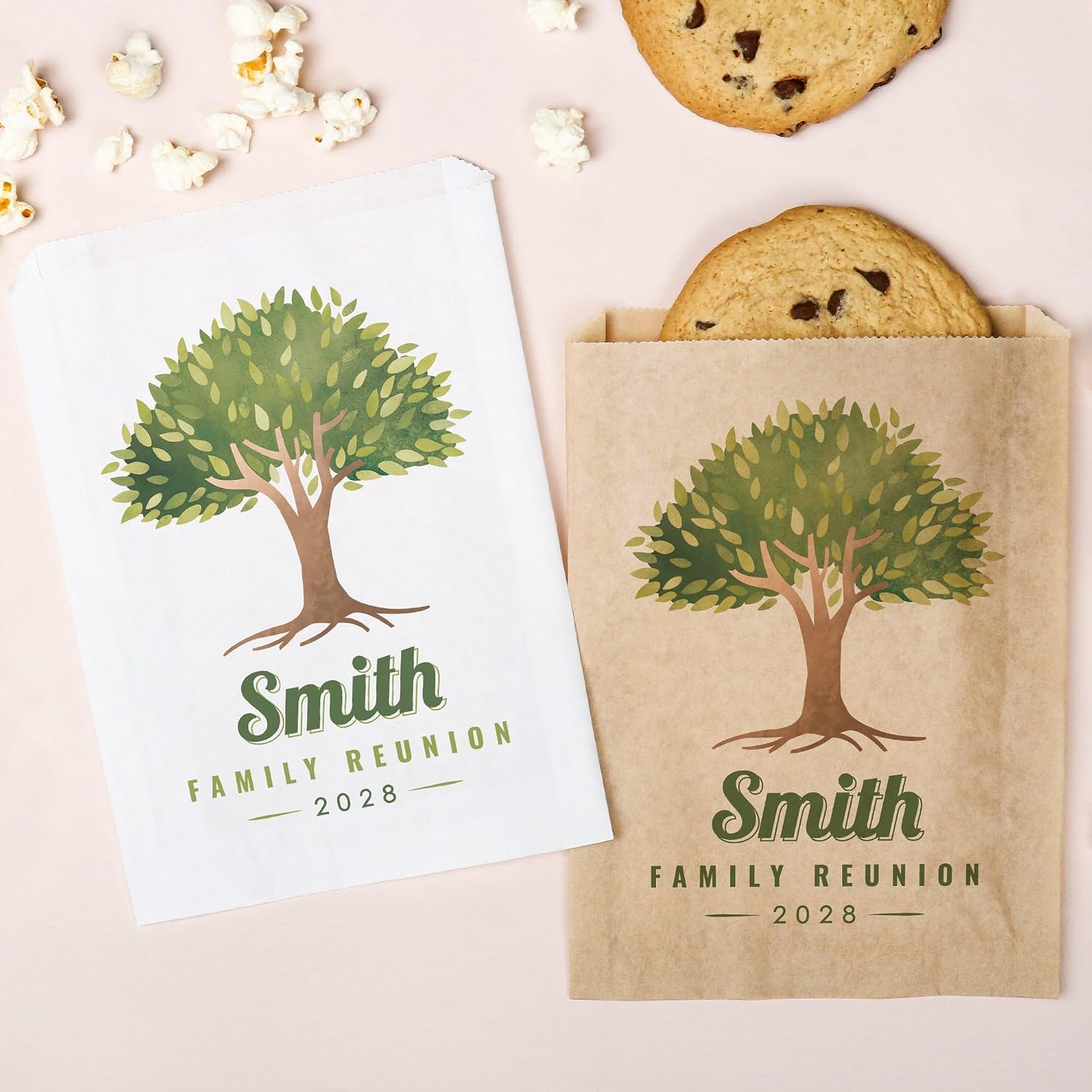Big Dot of Happiness Personalized Family Reunion Paper Treat Bags, Custom Family Tree Gathering Party Candy Snack Favors, Greaseproof Kraft Brown Sandwich Cookie Bags - 25 Count